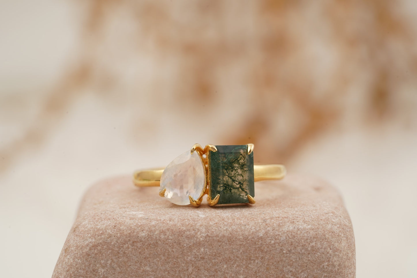 Double Stone Moss Agate And Moonstone Toi Et Moi Engagement Ring