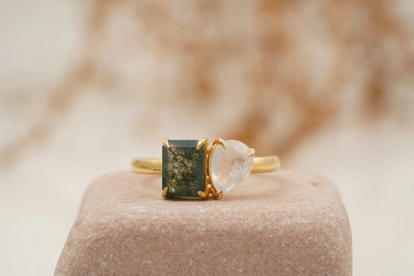 Double Stone Moss Agate And Moonstone Toi Et Moi Engagement Ring - MinimalistJewels