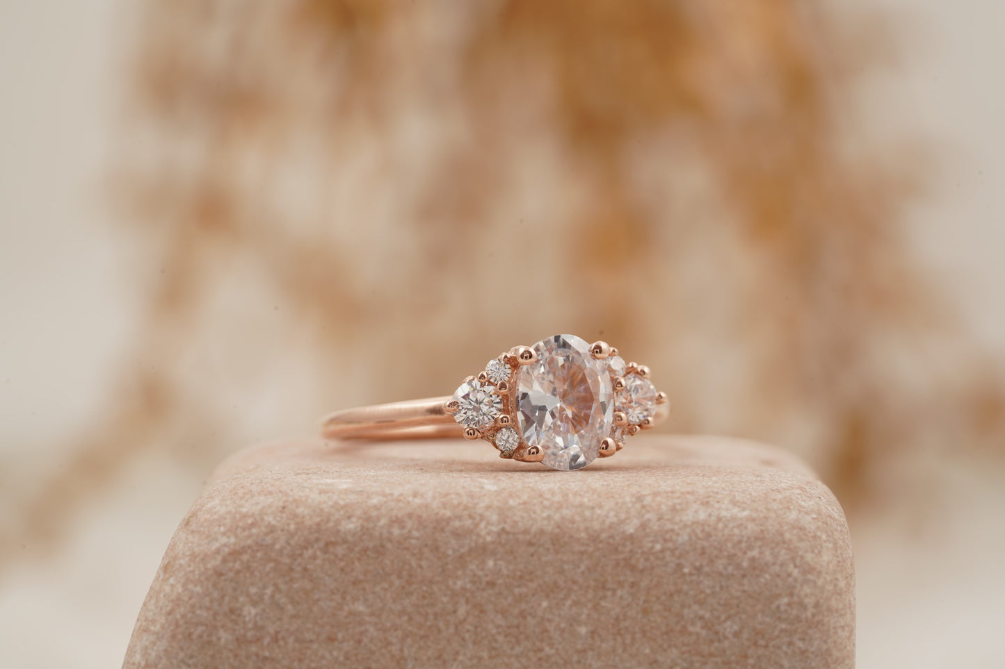 1.5ct Oval Cut Moissanite Cluster Rose Gold Engagement Ring Side Position