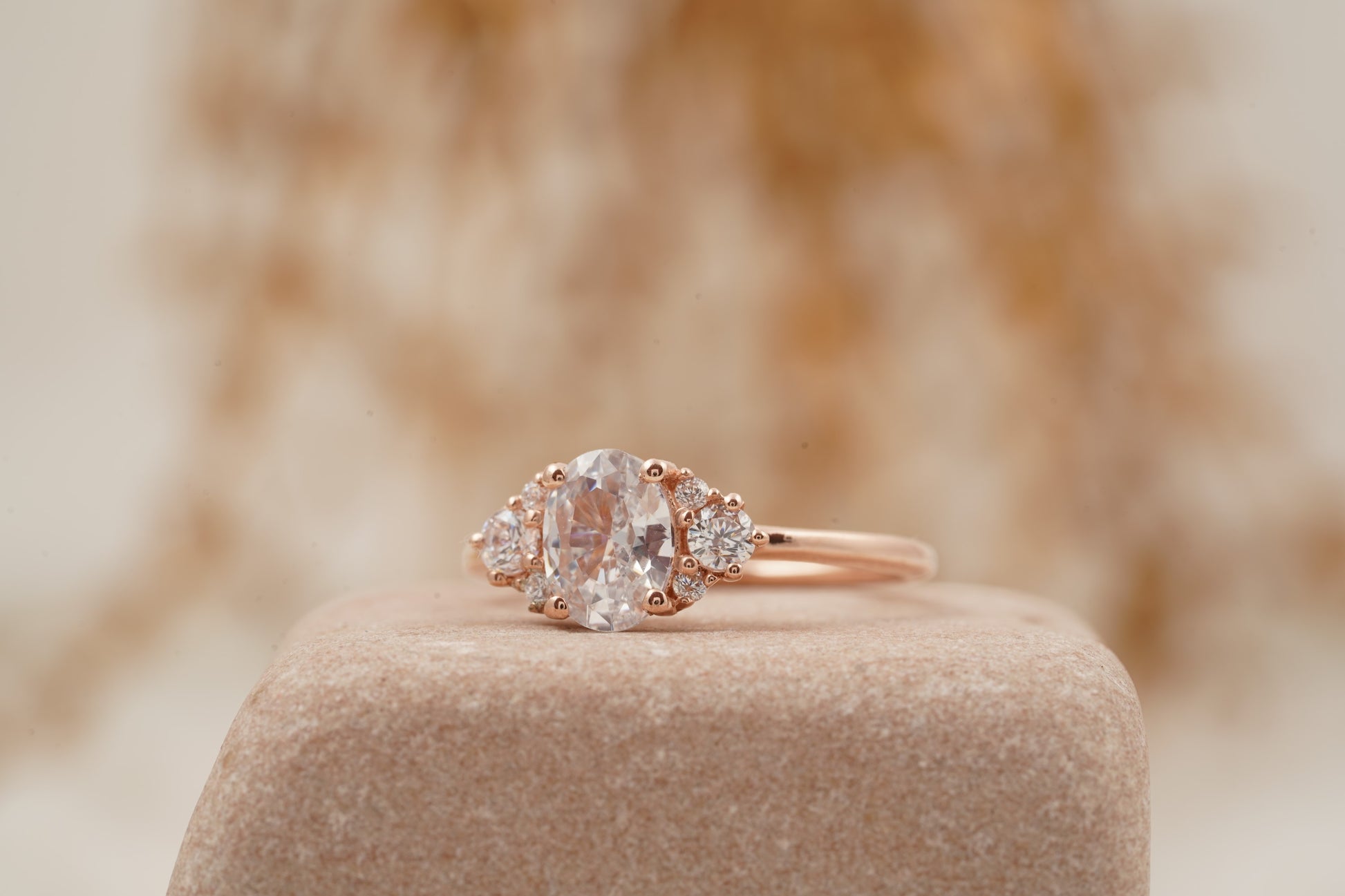 1.5ct Oval Cut Moissanite Cluster Rose Gold Engagement Ring Left SIde