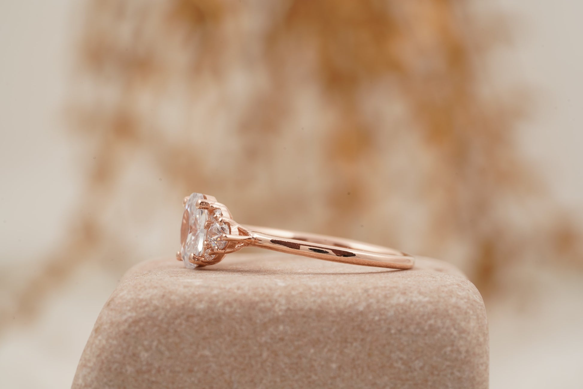 1.5ct Oval Cut Moissanite Cluster Rose Gold Engagement Ring SIde Position
