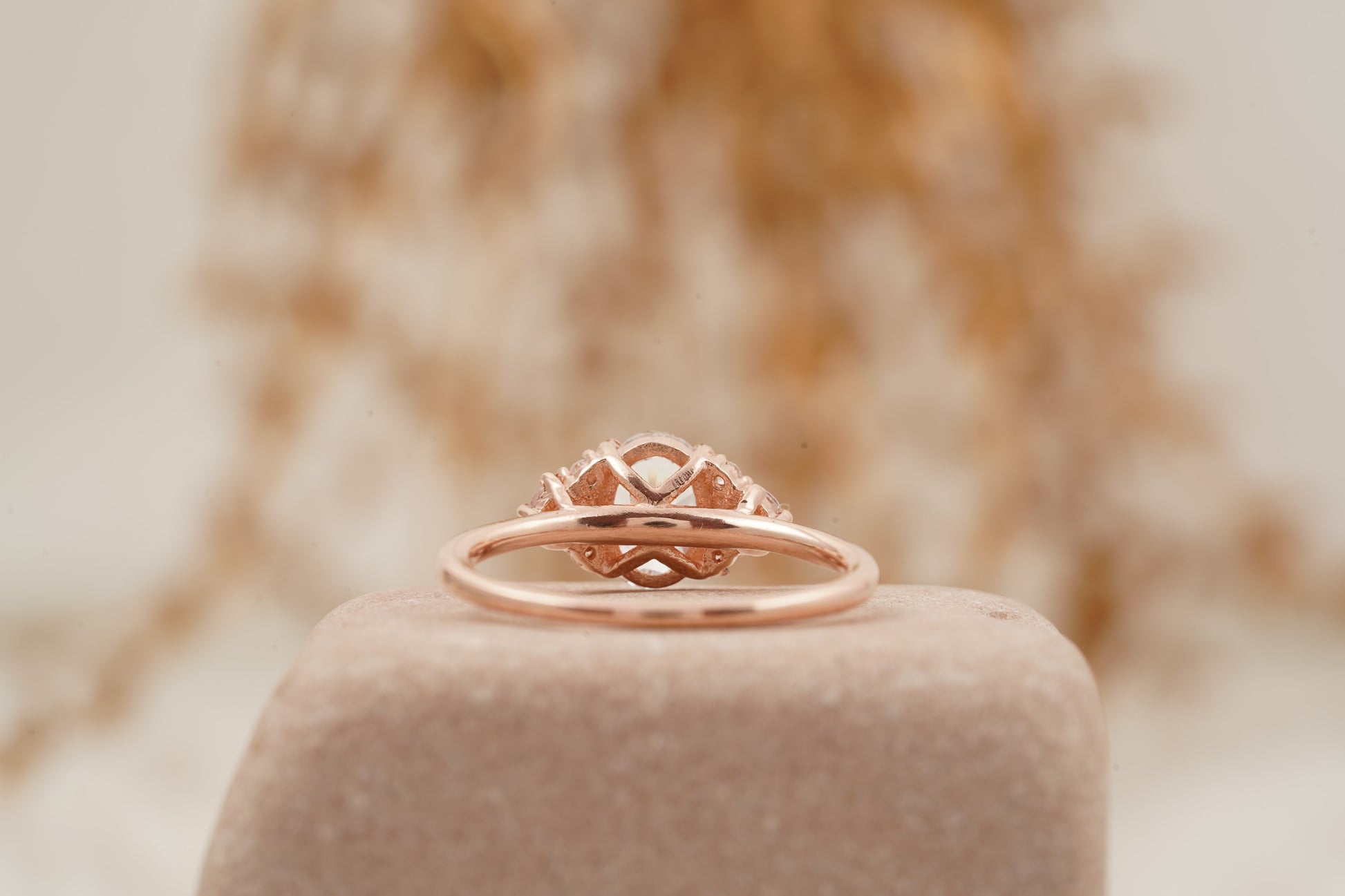 1.5ct Oval Cut Moissanite Cluster Rose Gold Engagement Ring Back SIde