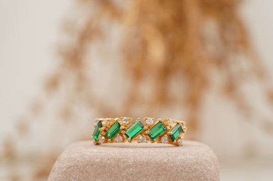 Baguette Cut Emerald Gemstone Stacking Matching Wedding Band