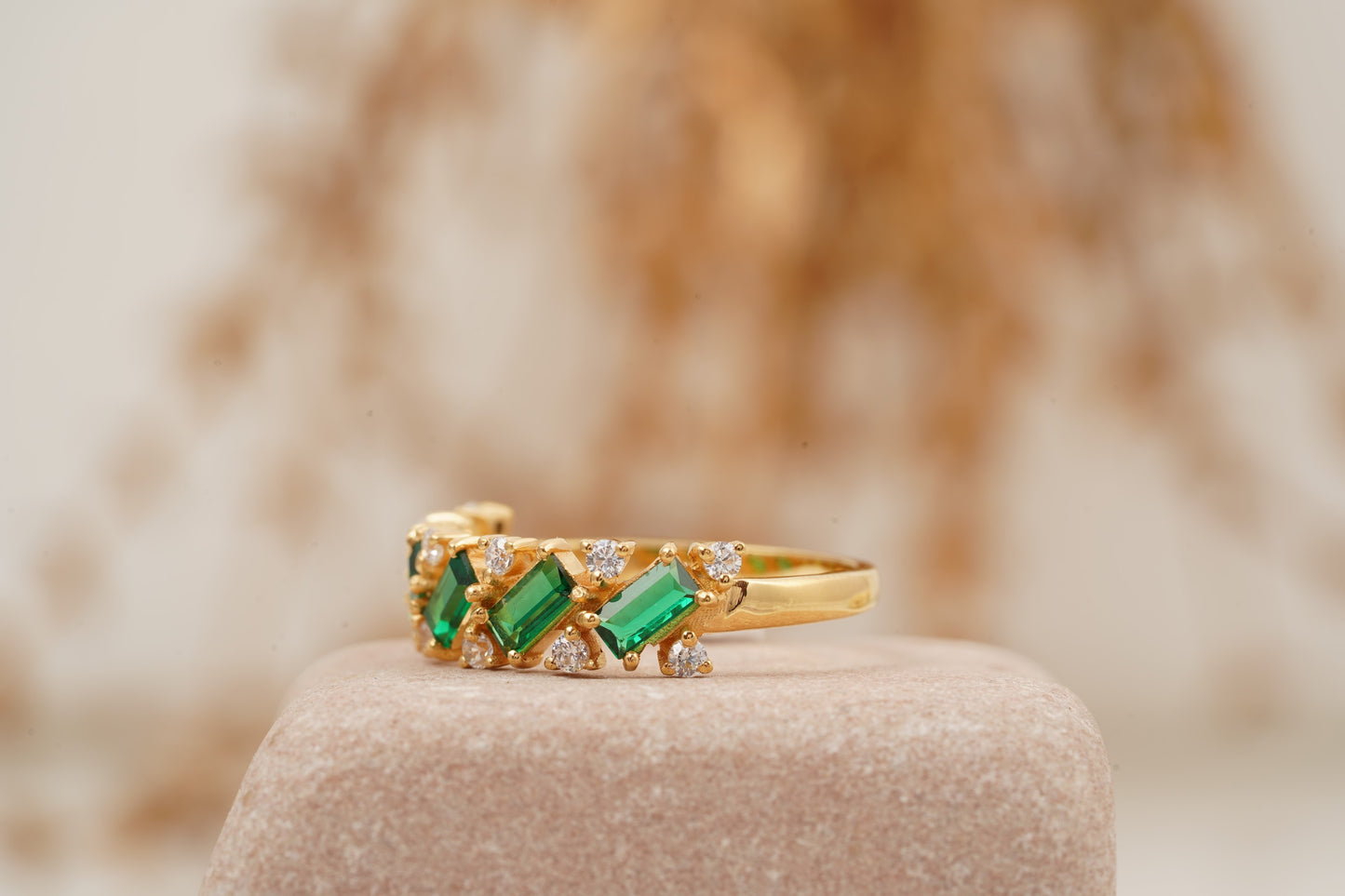 Baguette Cut Emerald Gemstone Stacking Matching Wedding Band