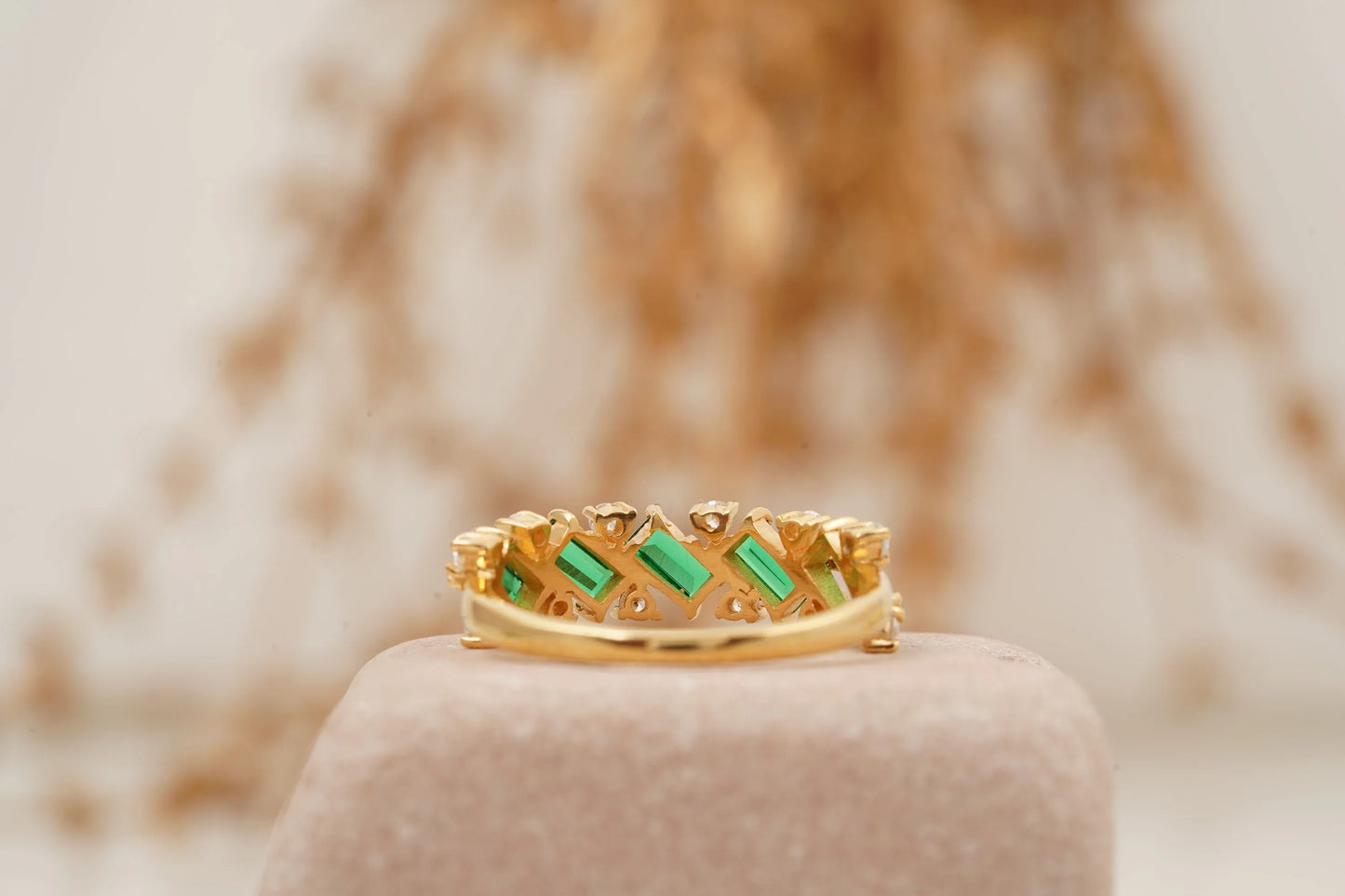 Baguette Cut Emerald Gemstone Stacking Matching Wedding Band - MinimalistJewels