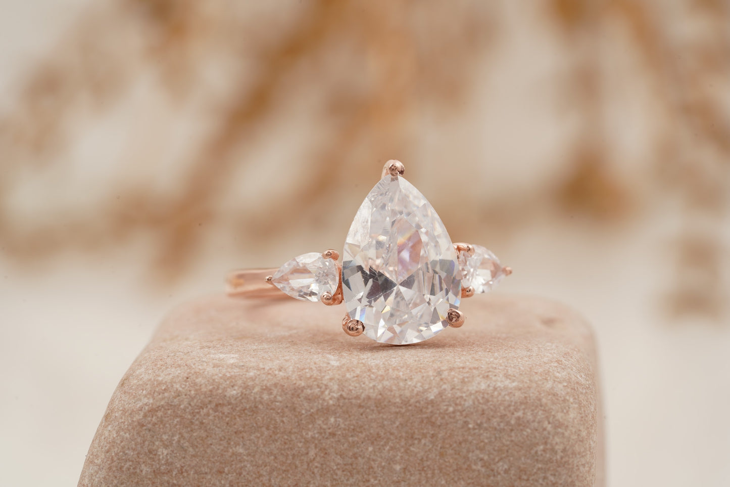 Pear Shaped Moissanite Engagement Ring Three Stone Ring