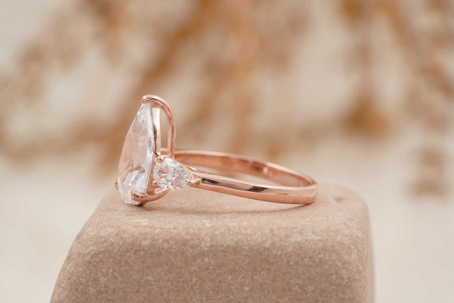 Pear Shaped Moissanite Engagement Ring Three Stone Ring
