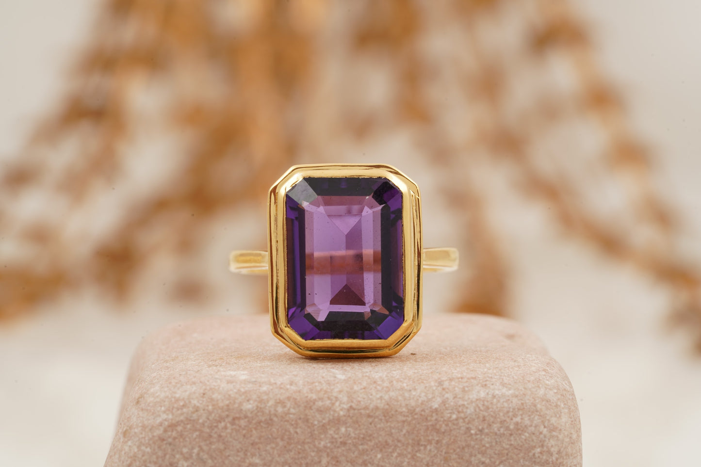 Large Alexandrite Bezel Set Engagement Ring 14K Yellow Gold