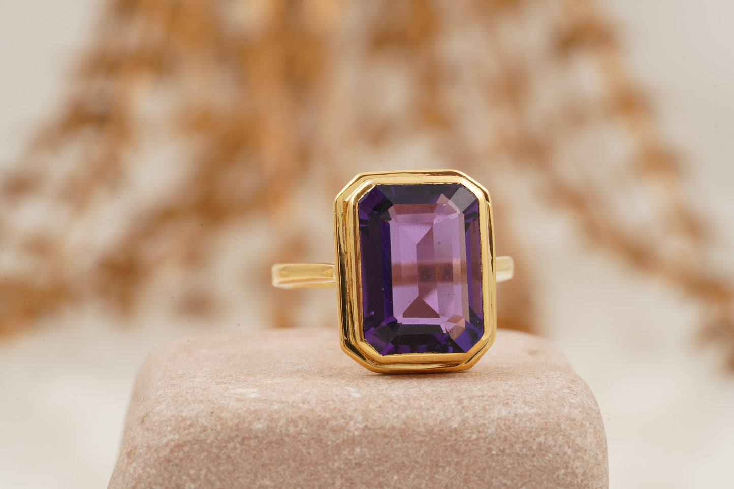 Large Alexandrite Bezel Set Engagement Ring 14K Yellow Gold
