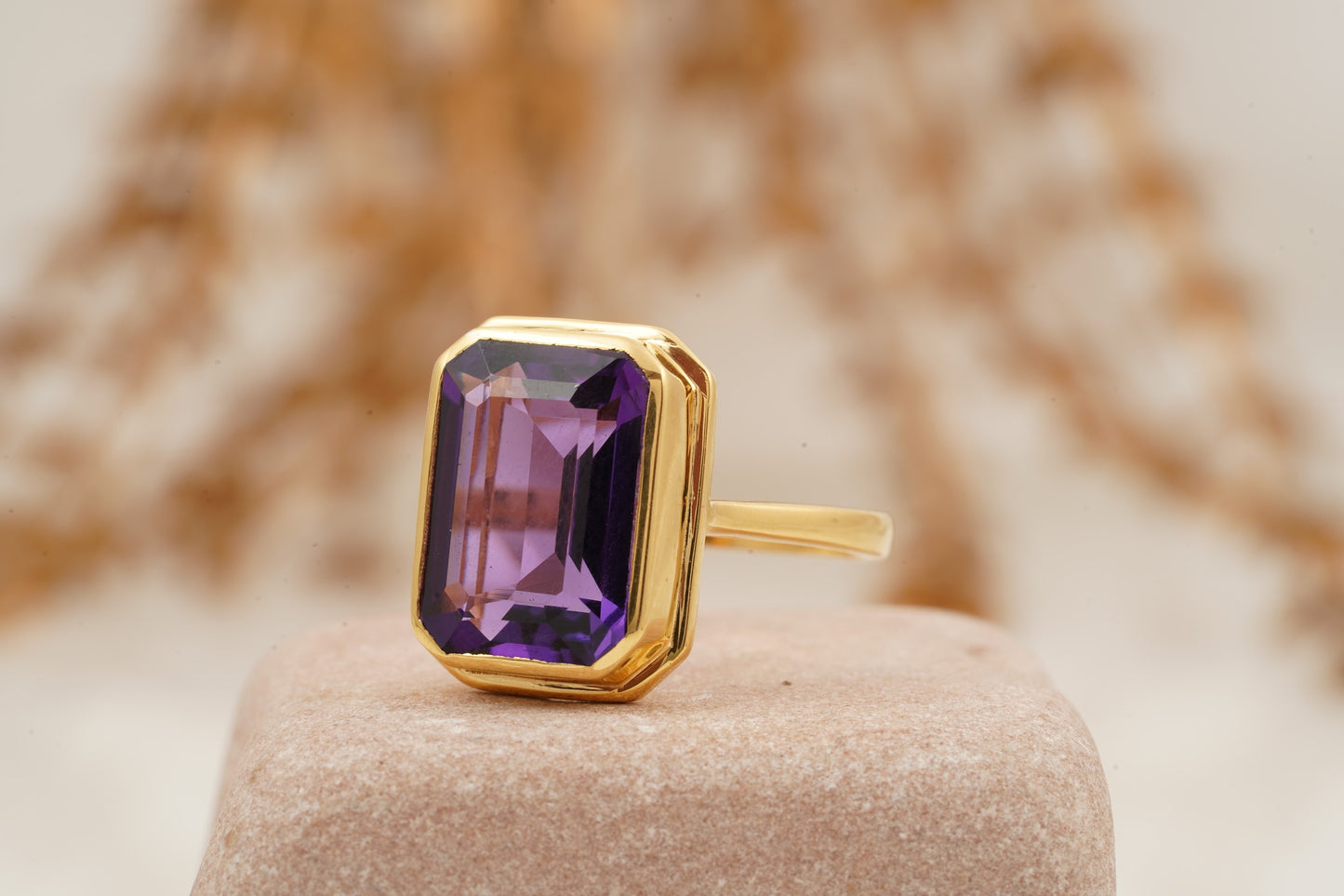Large Alexandrite Bezel Set Engagement Ring 14K Yellow Gold