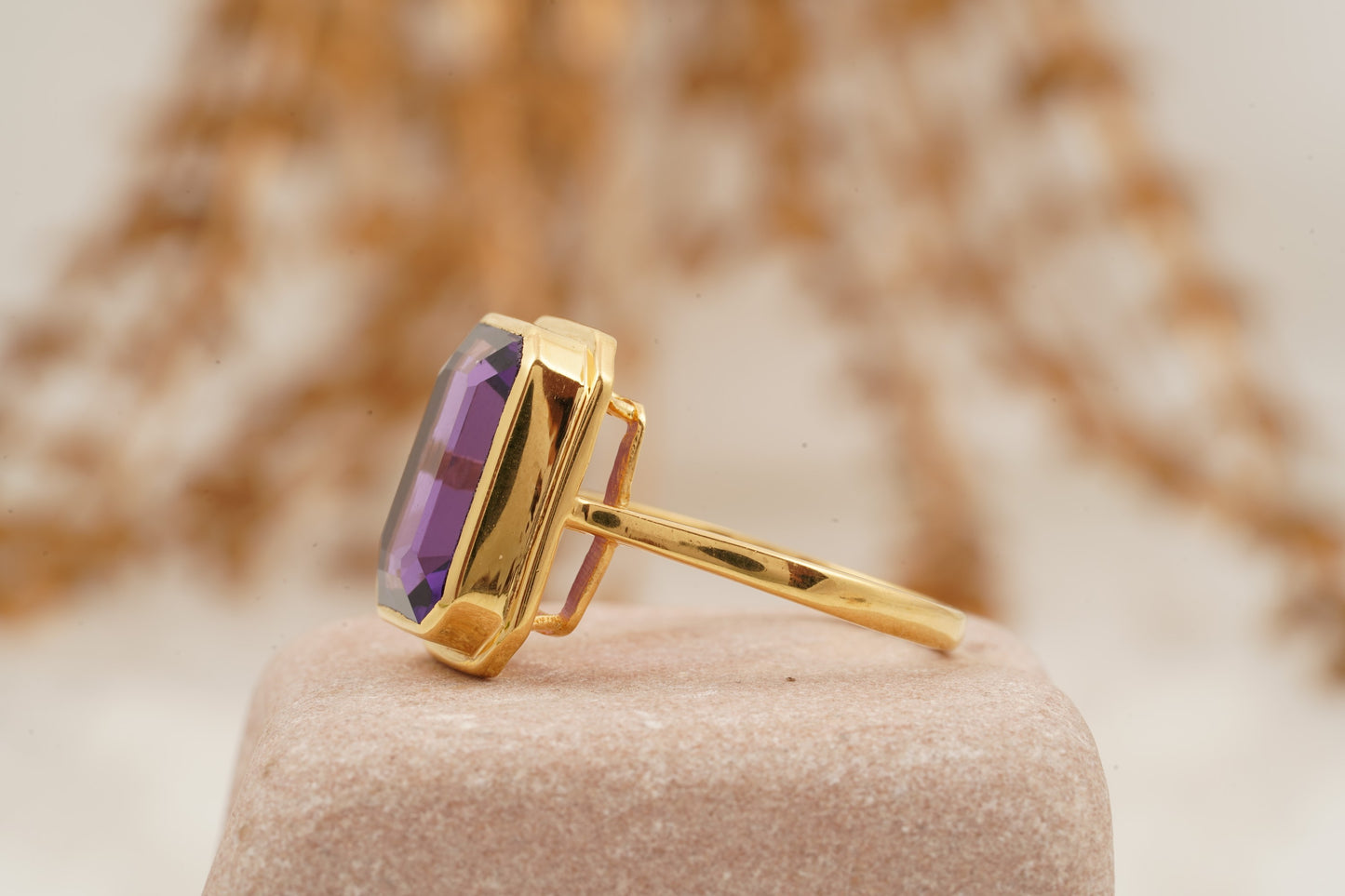 Large Alexandrite Bezel Set Engagement Ring 14K Yellow Gold