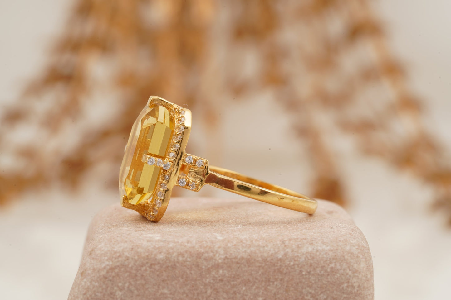 2Ct Large Citrine Emerald Cut Halo Diamond Engagement Ring