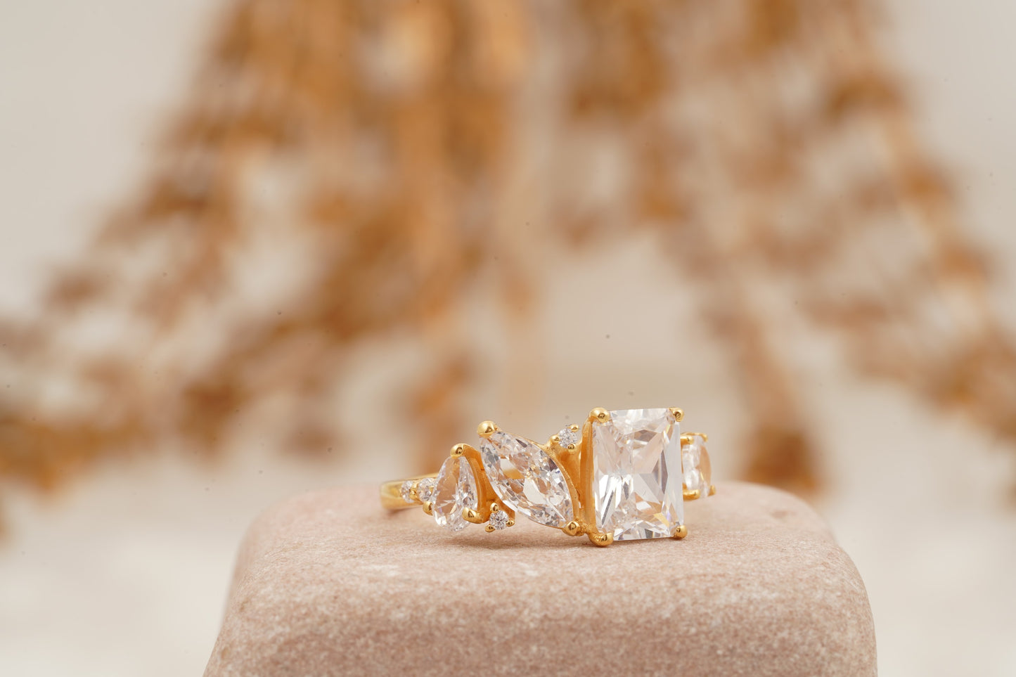 Cluster Moissanite Engagement Ring Emerald and Marquise Cut Ring