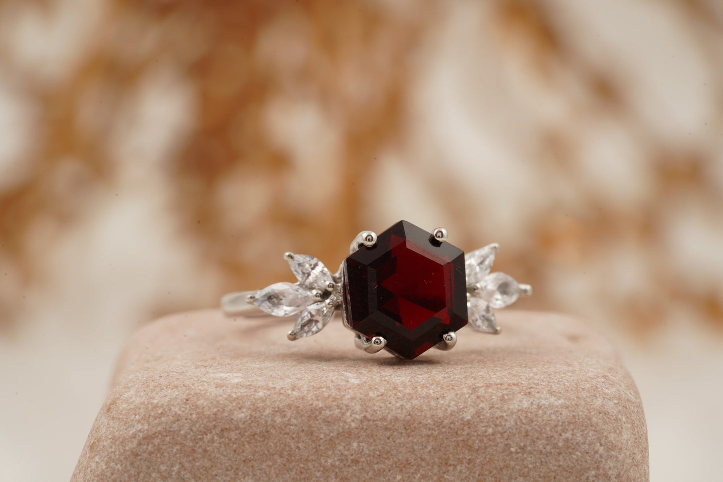 Hexagon Cut Red Garnet Marquise Cut Cluster Engagement Ring