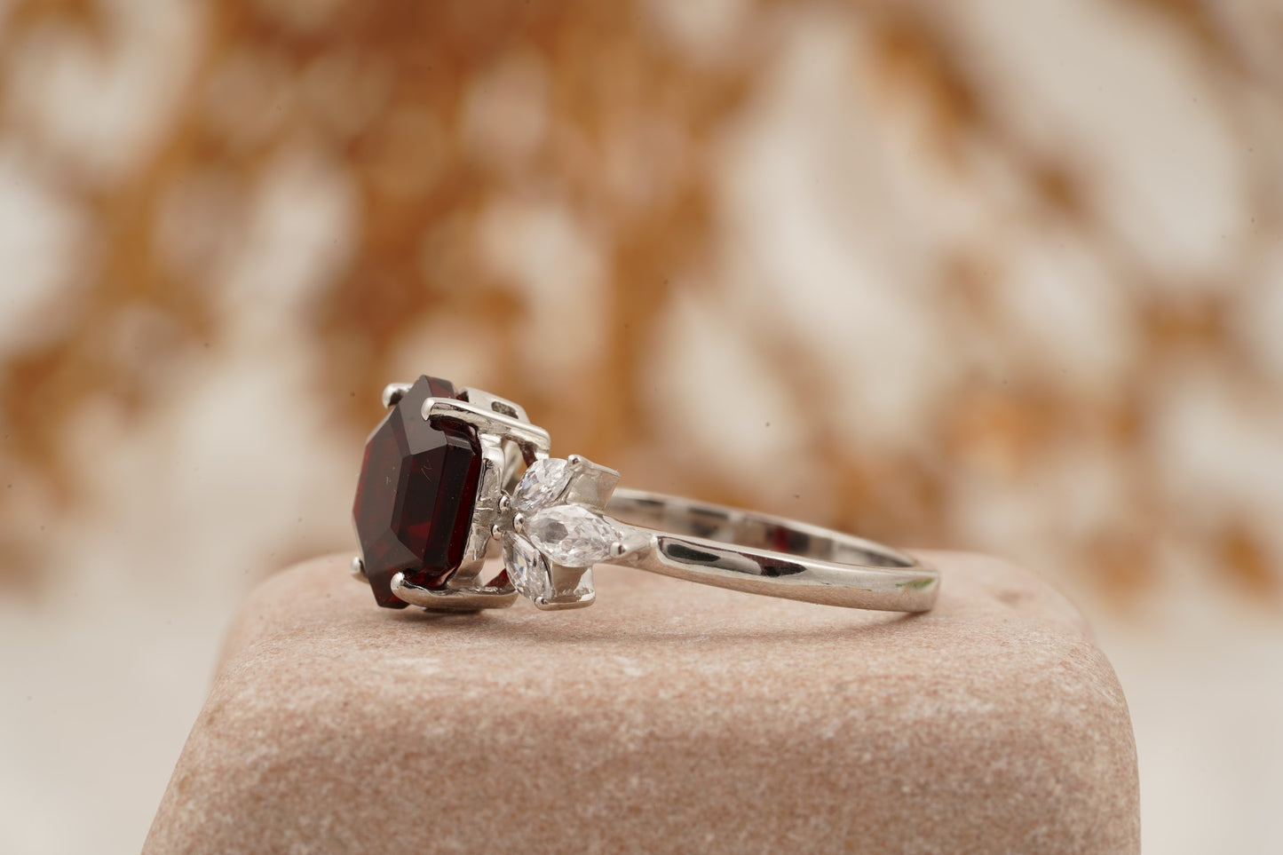 Hexagon Cut Red Garnet Marquise Cut Cluster Engagement Ring
