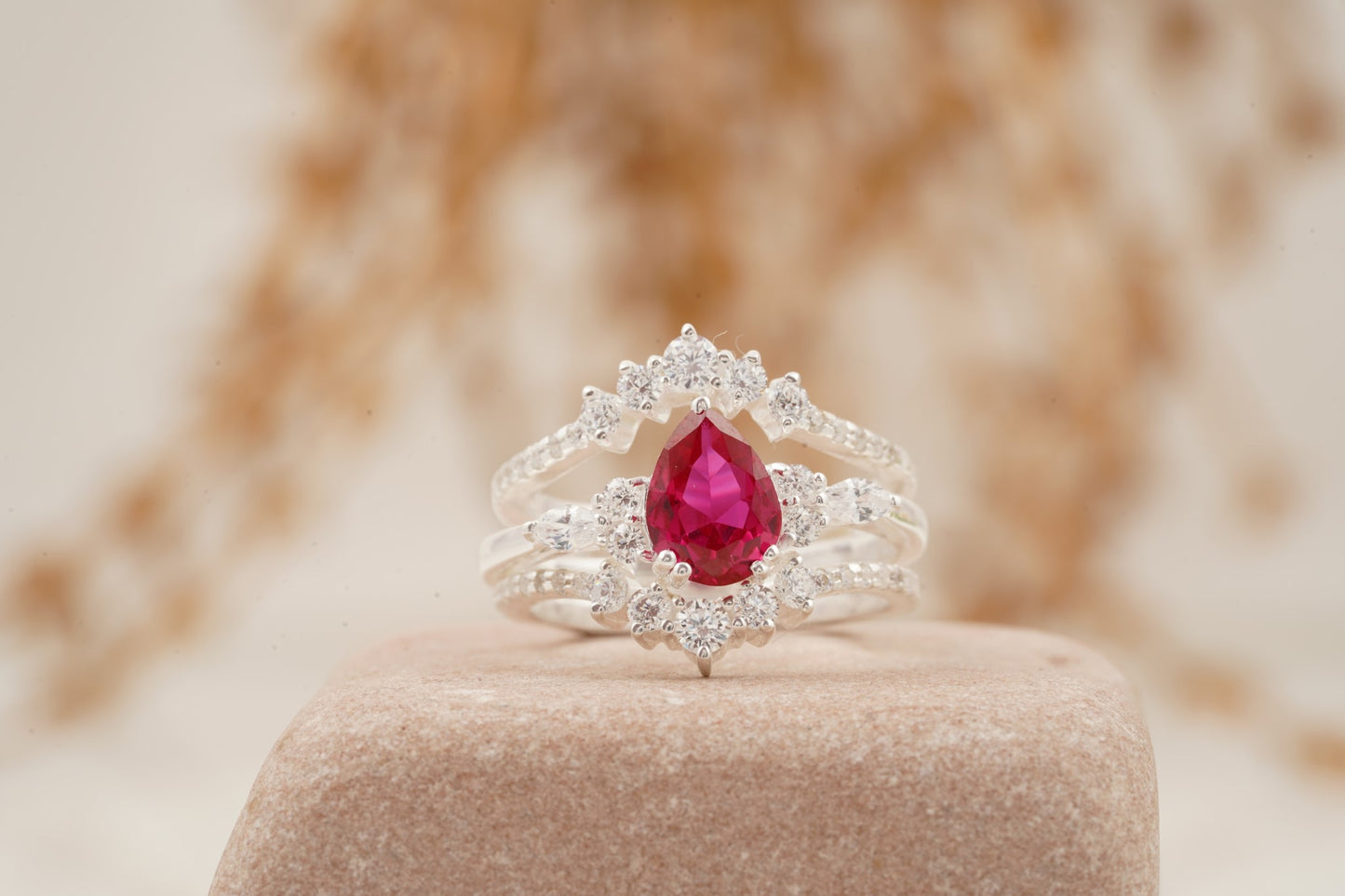 Pear Ruby Cluster Ring with Moissanite Enhancer wedding band