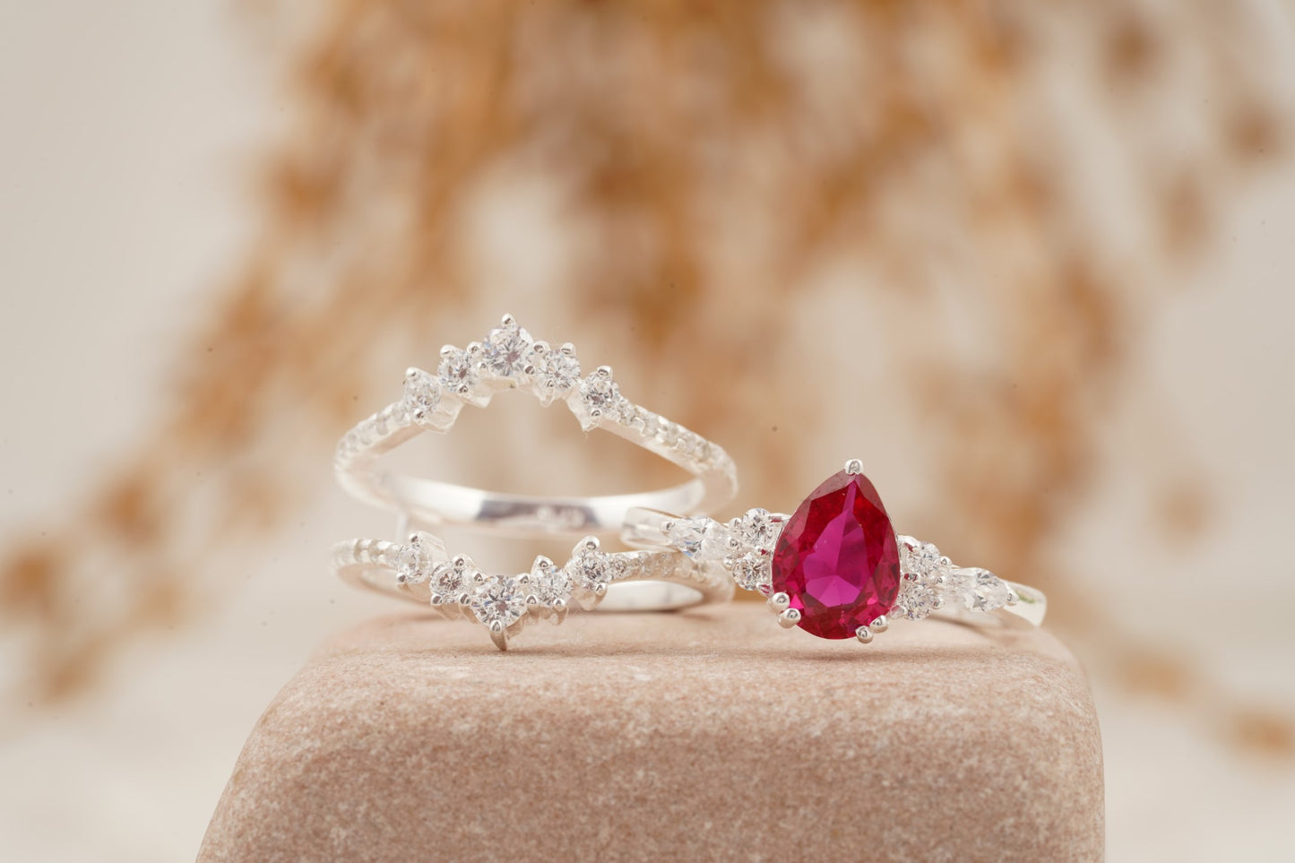 Pear Ruby Cluster Ring with Moissanite Enhancer wedding band Seprate Position