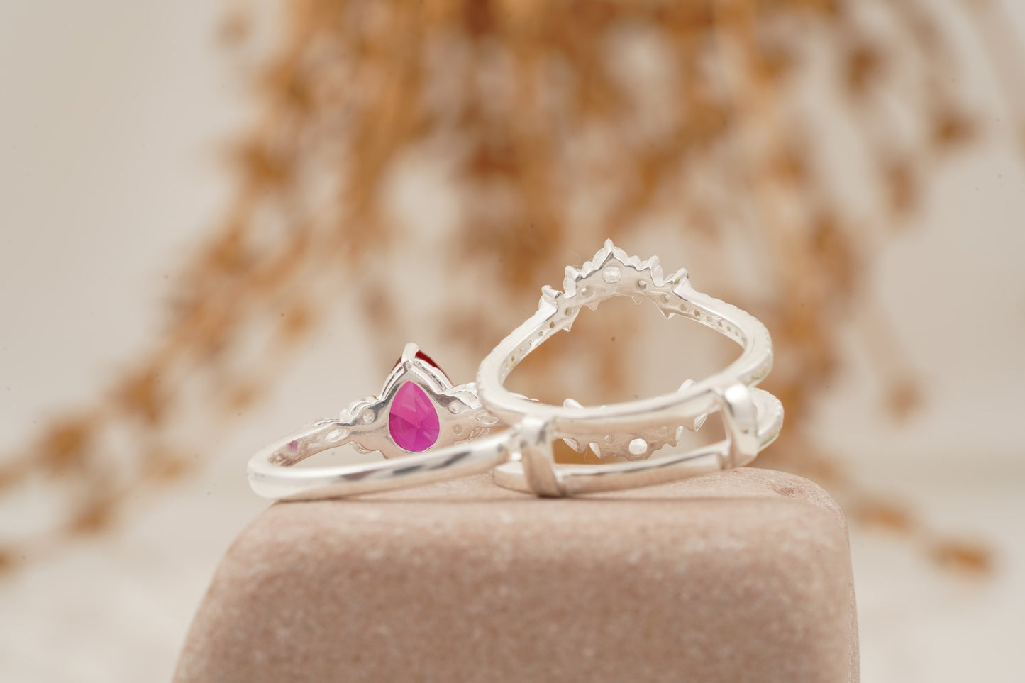 Pear Ruby Cluster Ring with Moissanite Enhancer wedding band