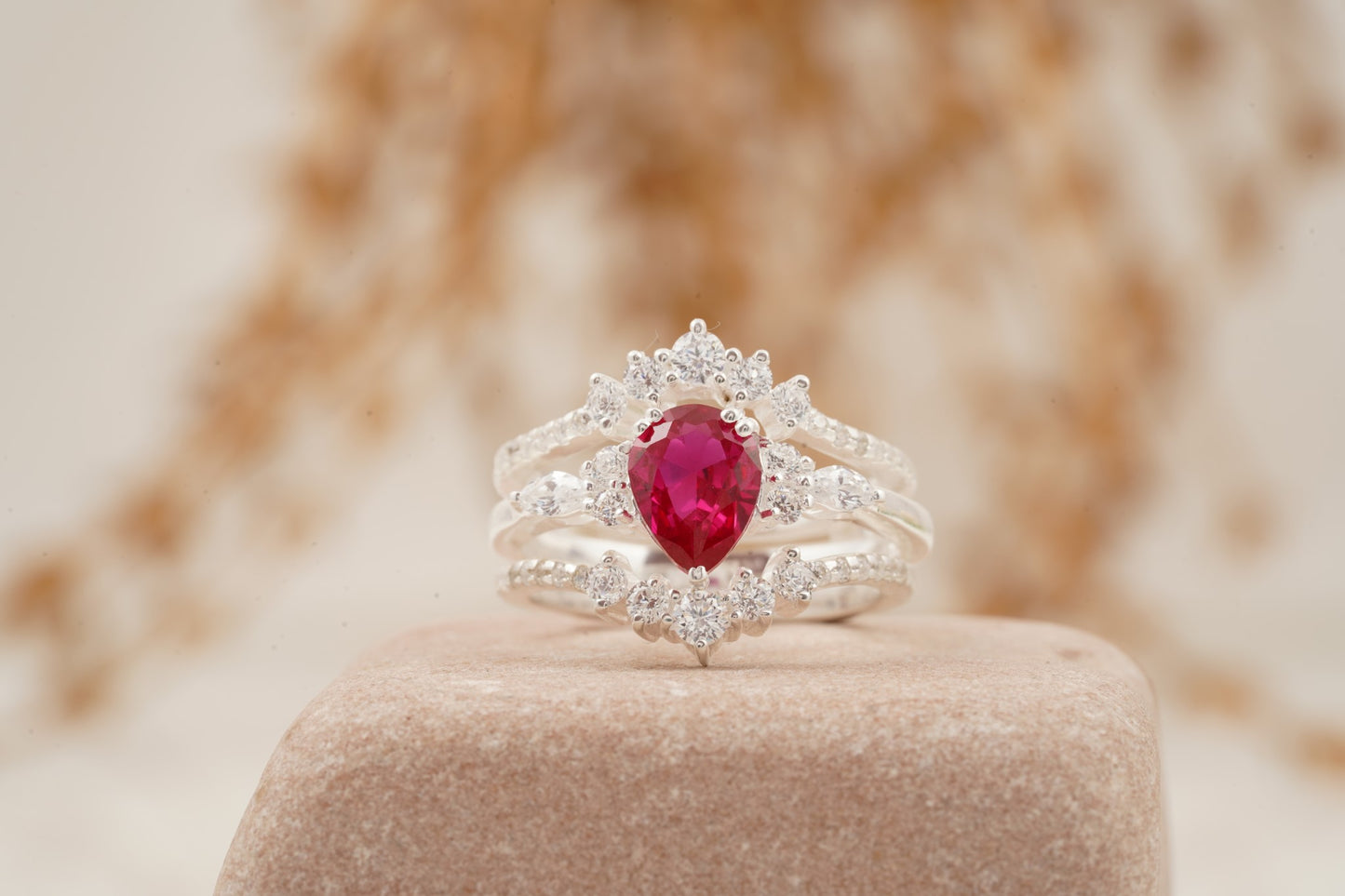 Pear Ruby Cluster Ring with Moissanite Enhancer wedding band Band Center Position