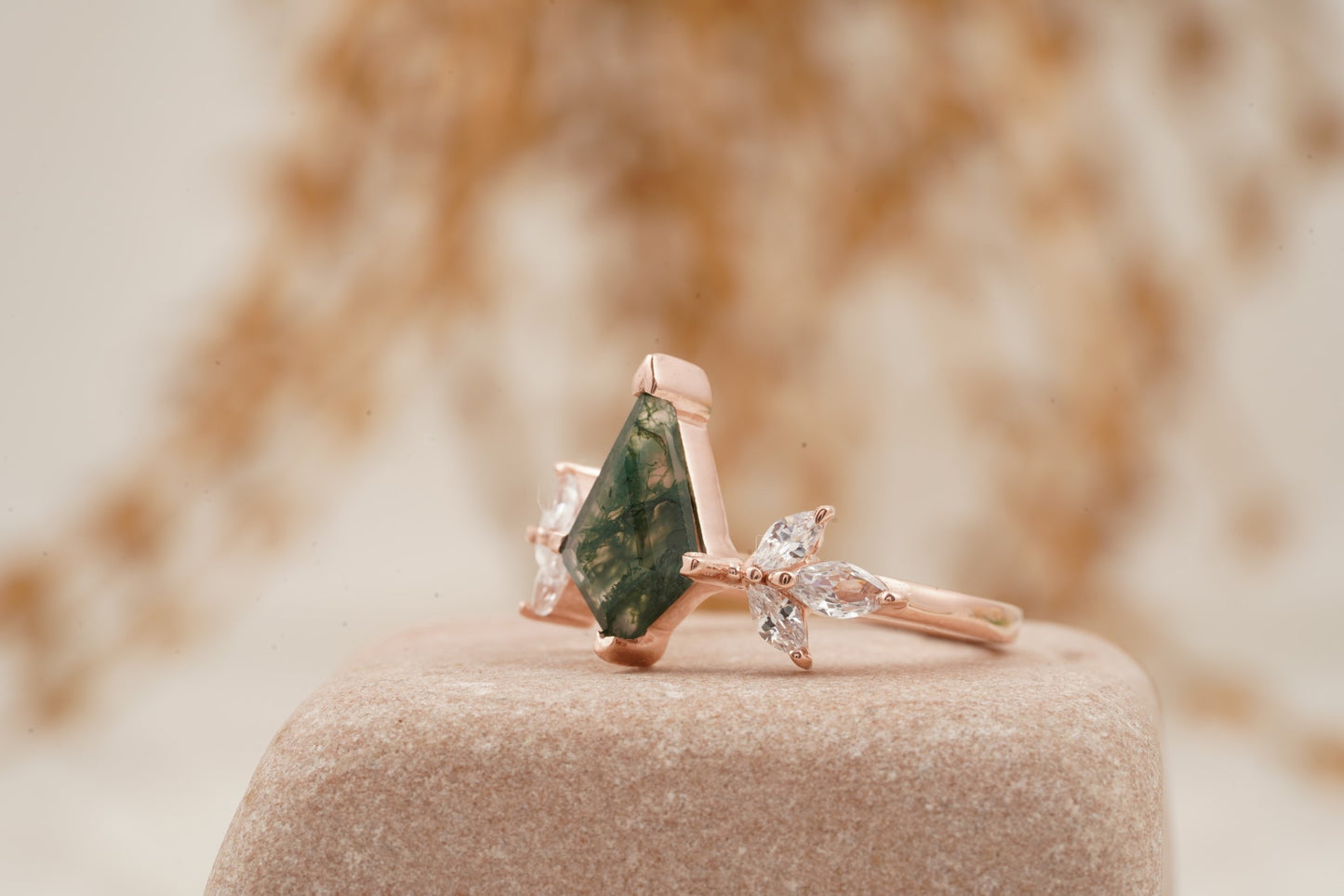 Kite Shaped Moss Agate Marquise Diamond Engagement Ring