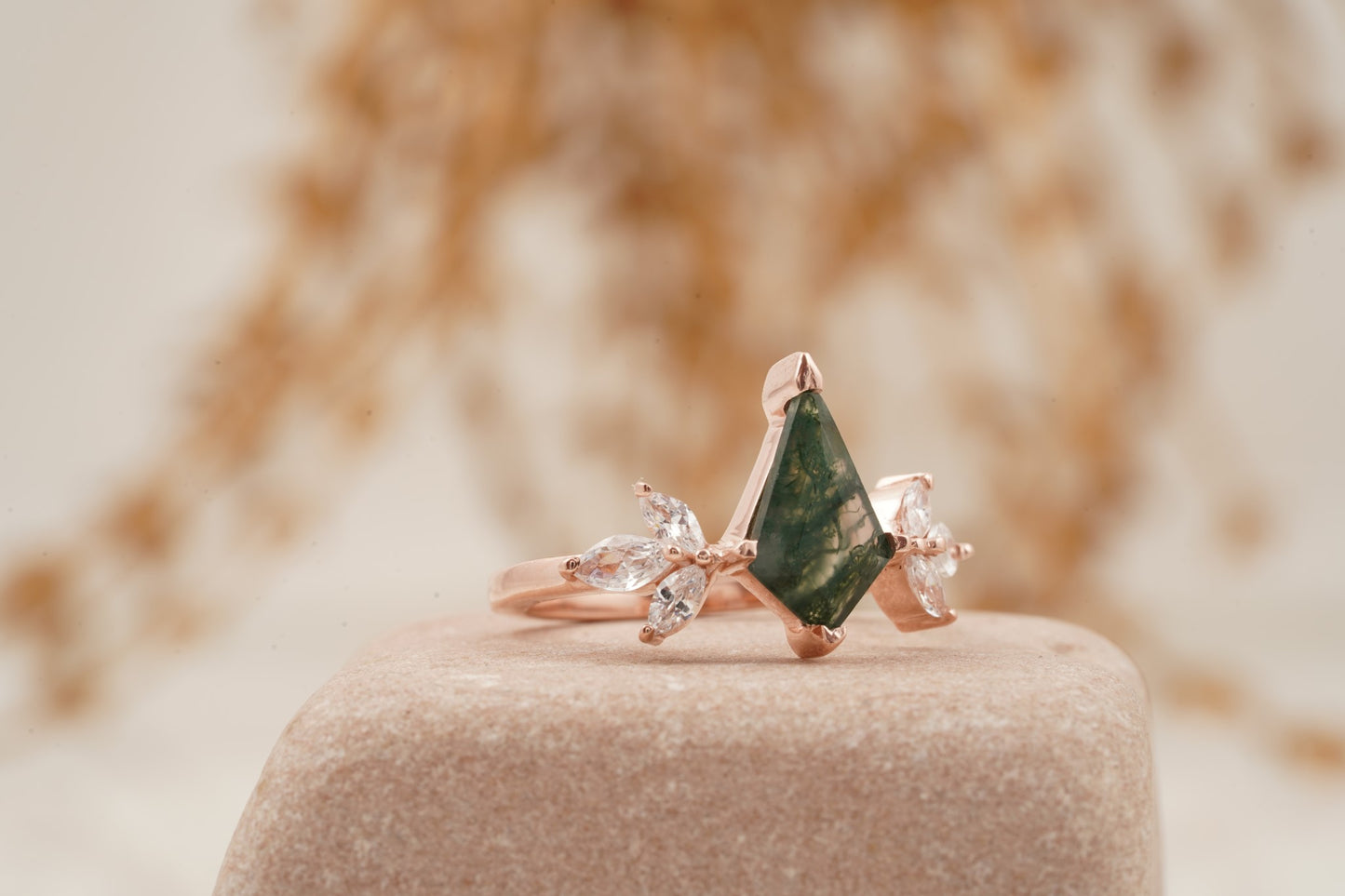 Kite Shaped Moss Agate Marquise Diamond Engagement Ring