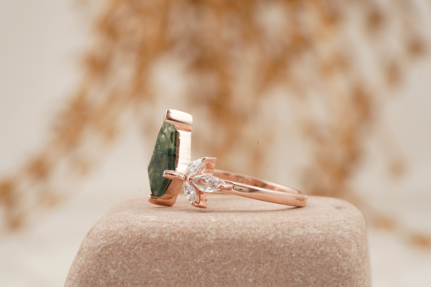 Kite Shaped Moss Agate Marquise Diamond Engagement Ring