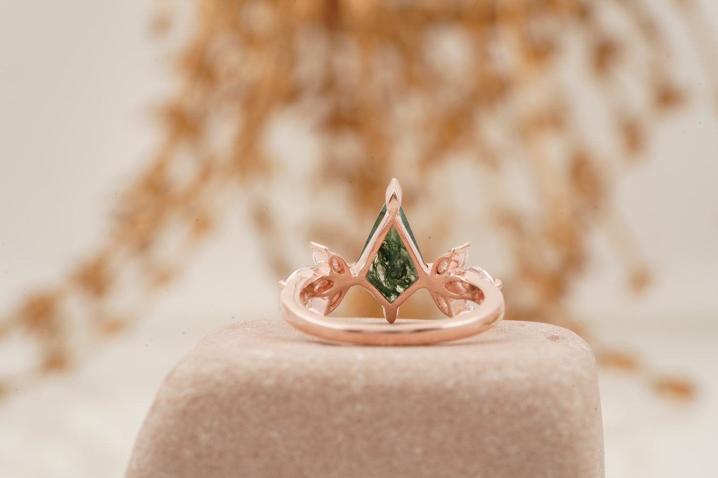 Kite Shaped Moss Agate Marquise Diamond Engagement Ring