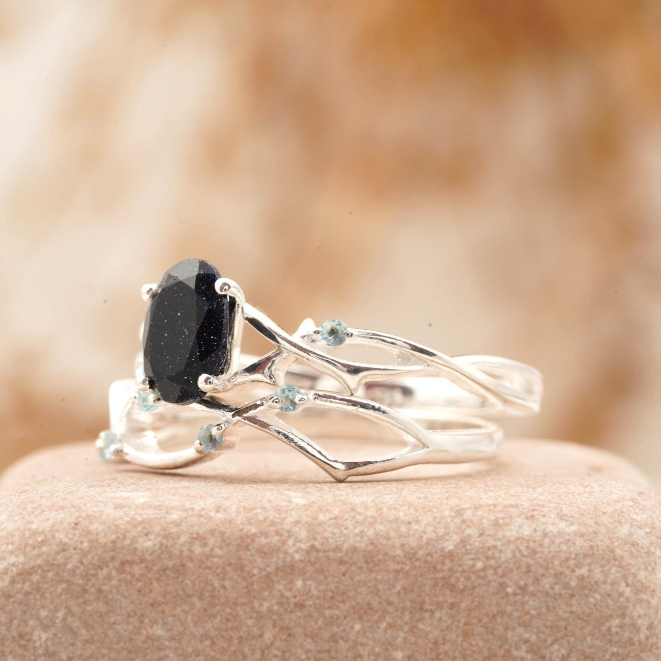 Oval Blue Sandstone Engagement Ring Women Left Angle