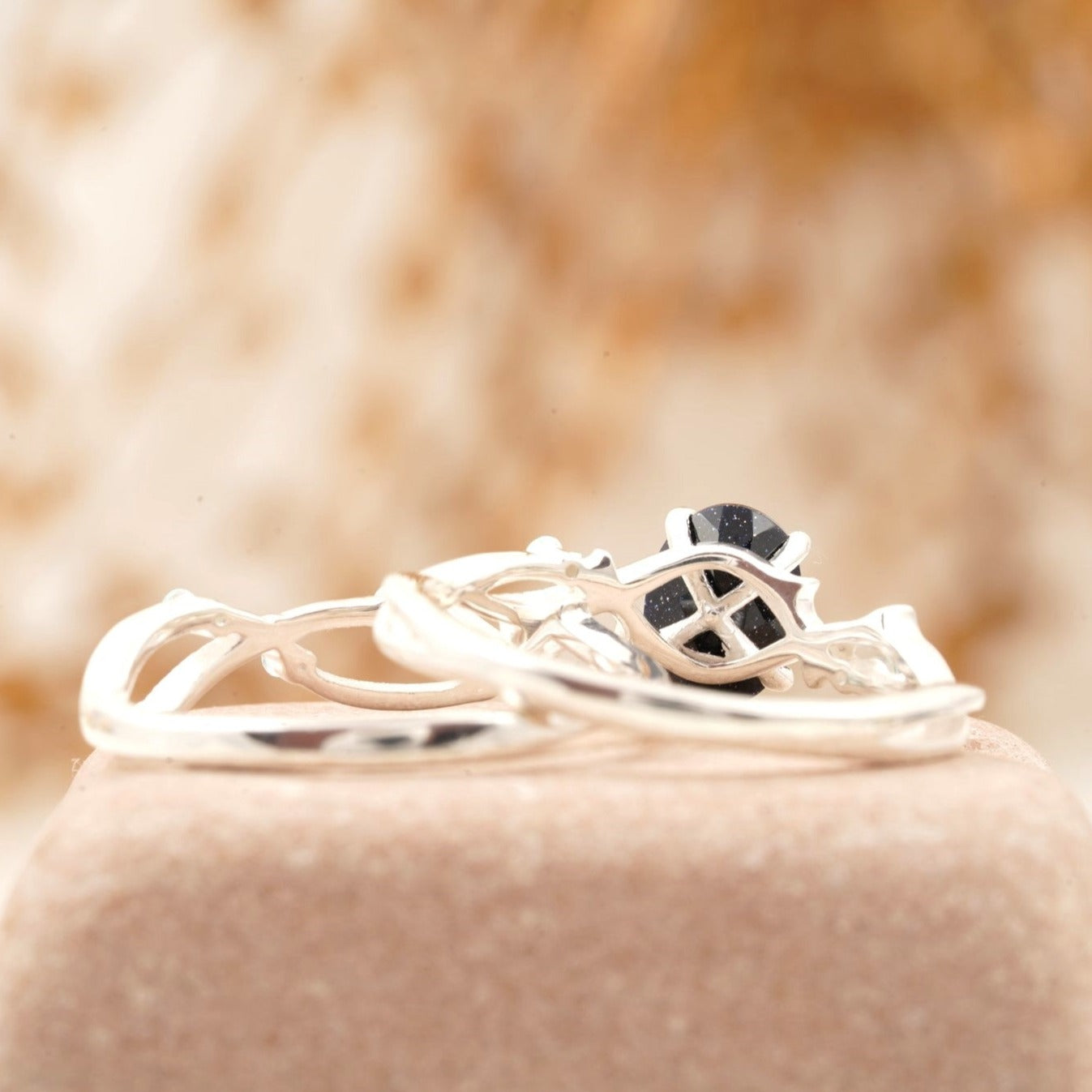 Oval Blue Sandstone Engagement Ring Women Back Side