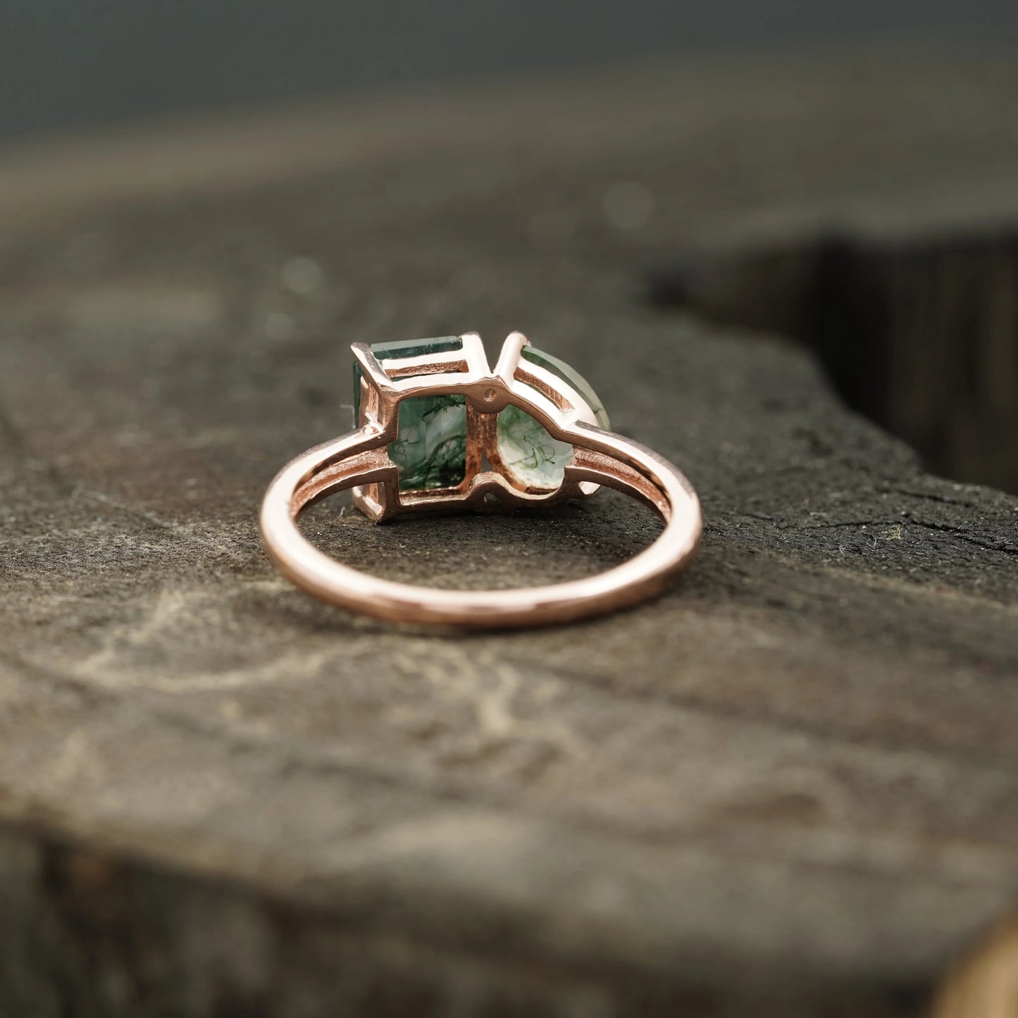 Toi Et Moi Moss Agate Emerald & Pear Cut Ring - MinimalistJewels