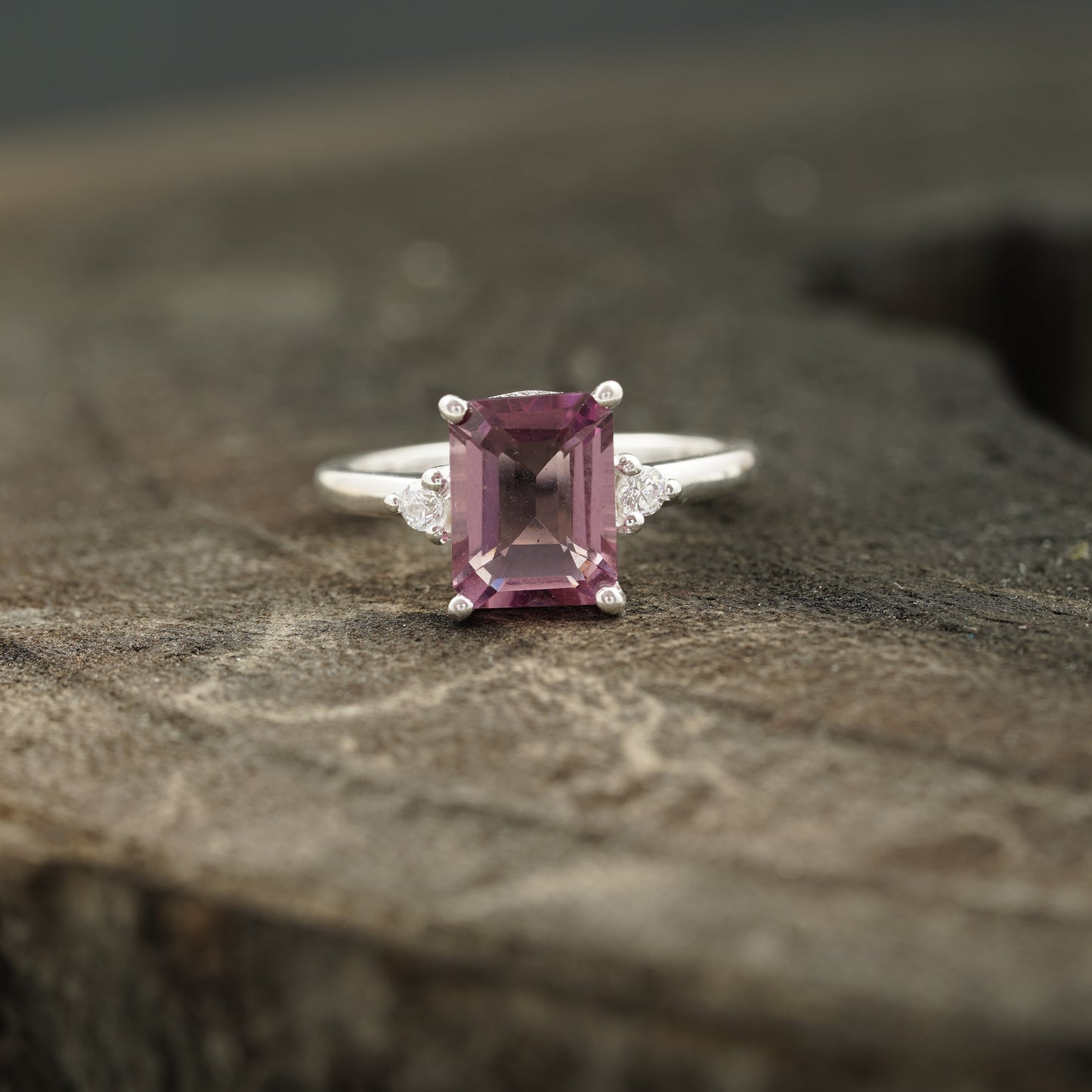 Emerald cut pink tourmaline ring