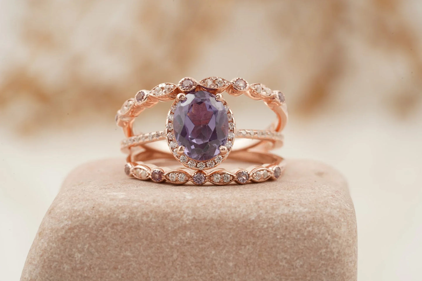 Oval Cut Alexandrite Engagement Ring 3pcs Set Halo Diamond Band - MinimalistJewels