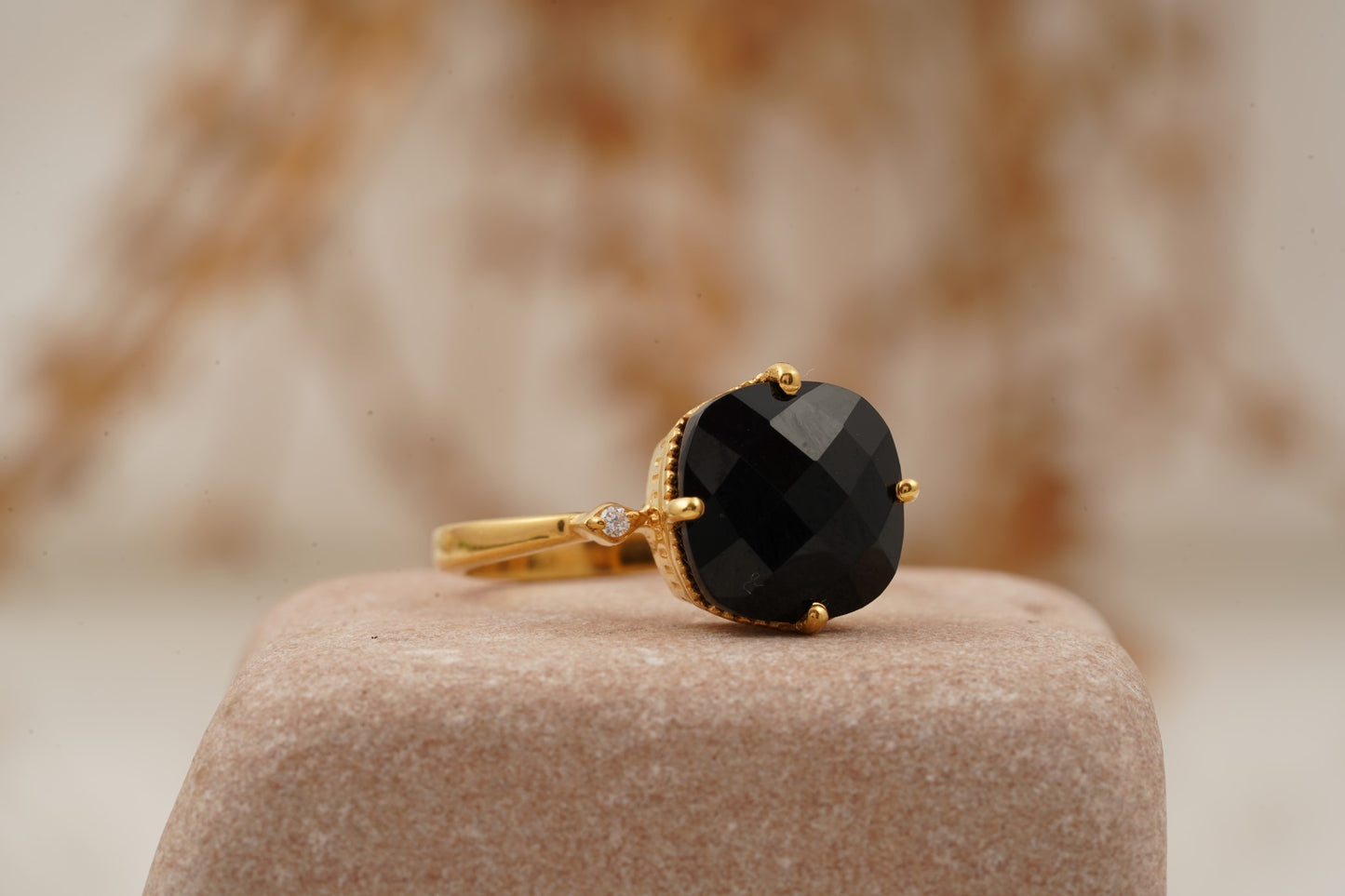 Cushion Black Onyx Vermeil Engagement Ring Rigth Angle