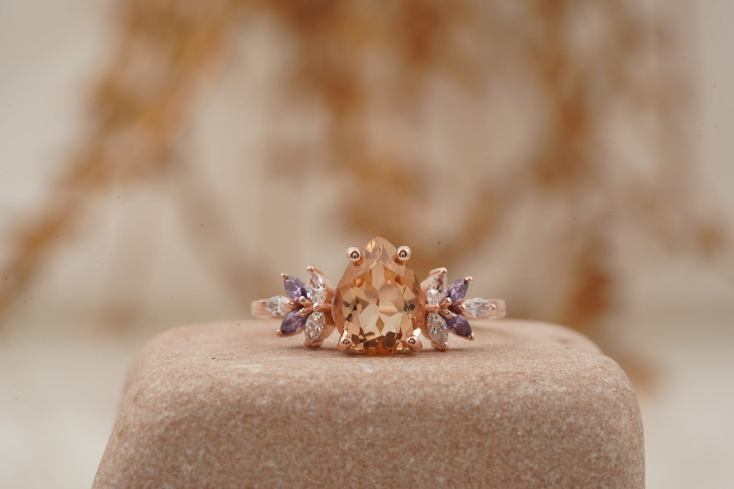 Pear Morganite Cluster Moissanite Alexandrite Ring
