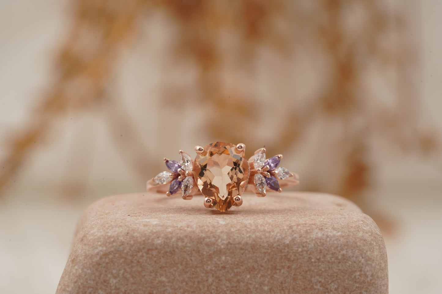 Pear Morganite Cluster Moissanite Alexandrite Ring Main