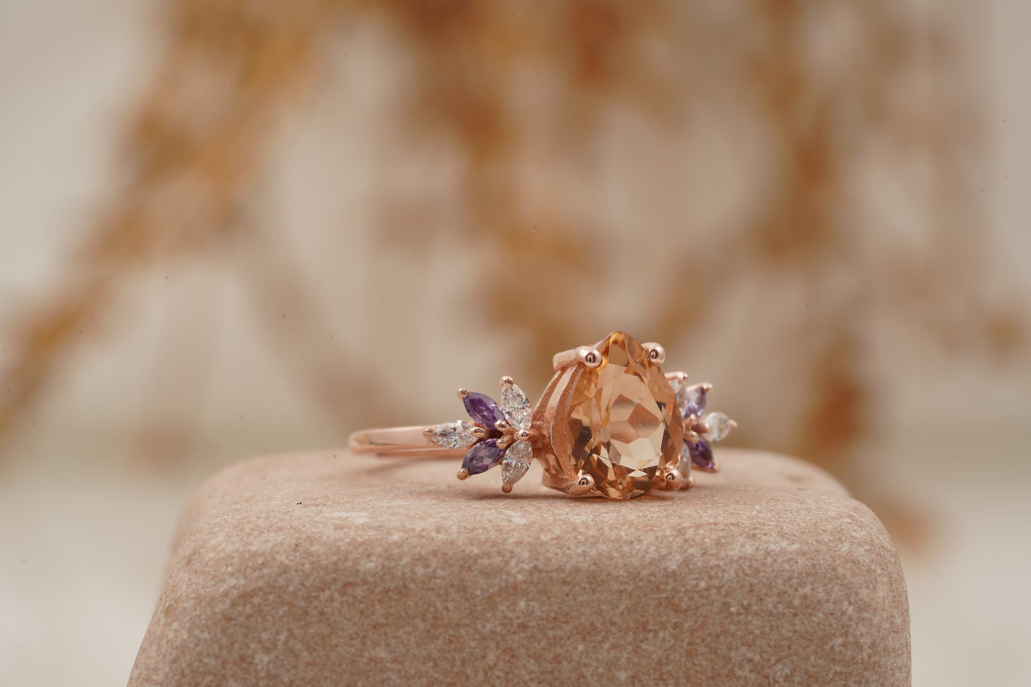 Pear Morganite Cluster Moissanite Alexandrite Ring Right Position