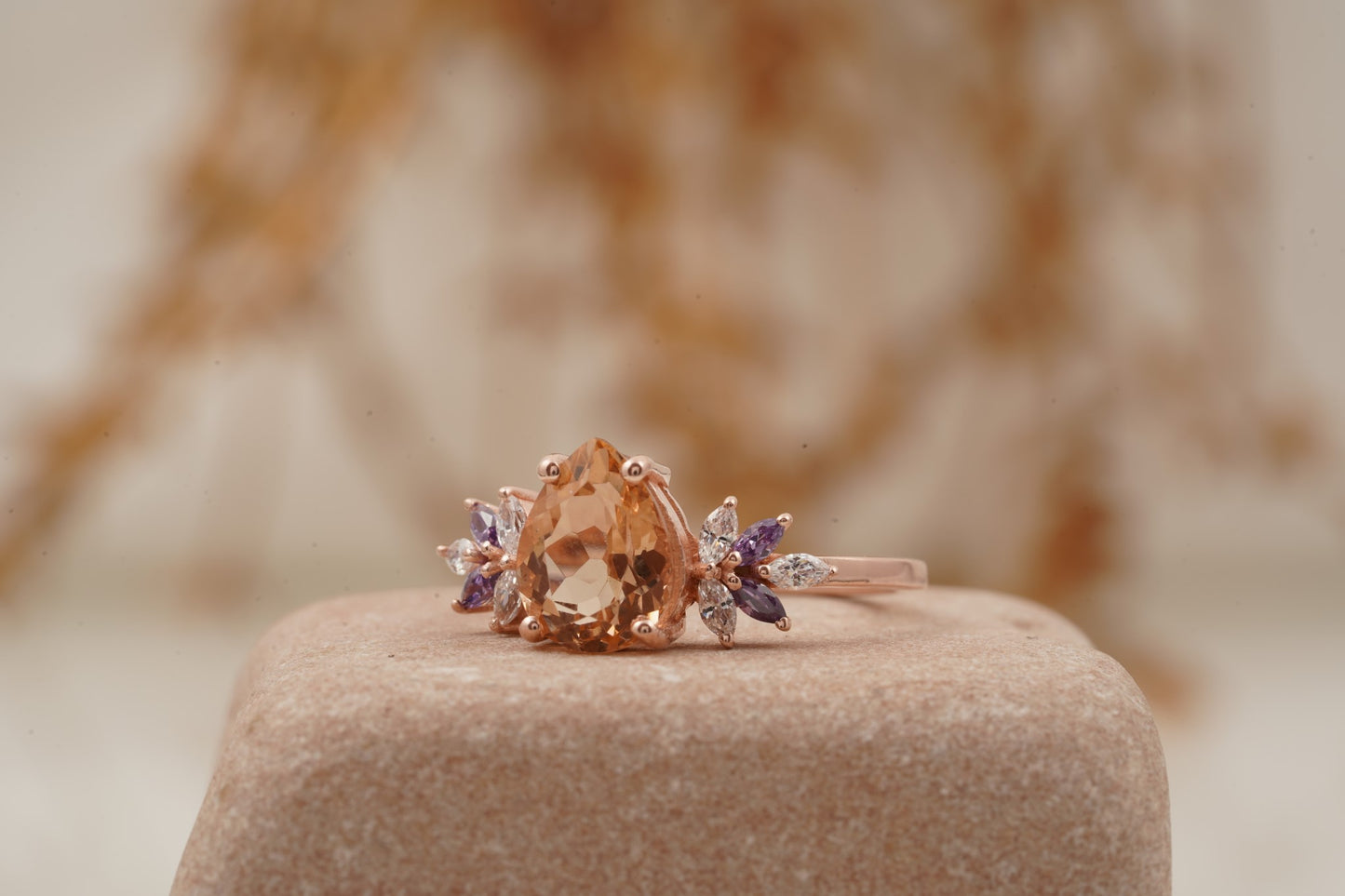 Pear Morganite Cluster Moissanite Alexandrite Ring Left Position