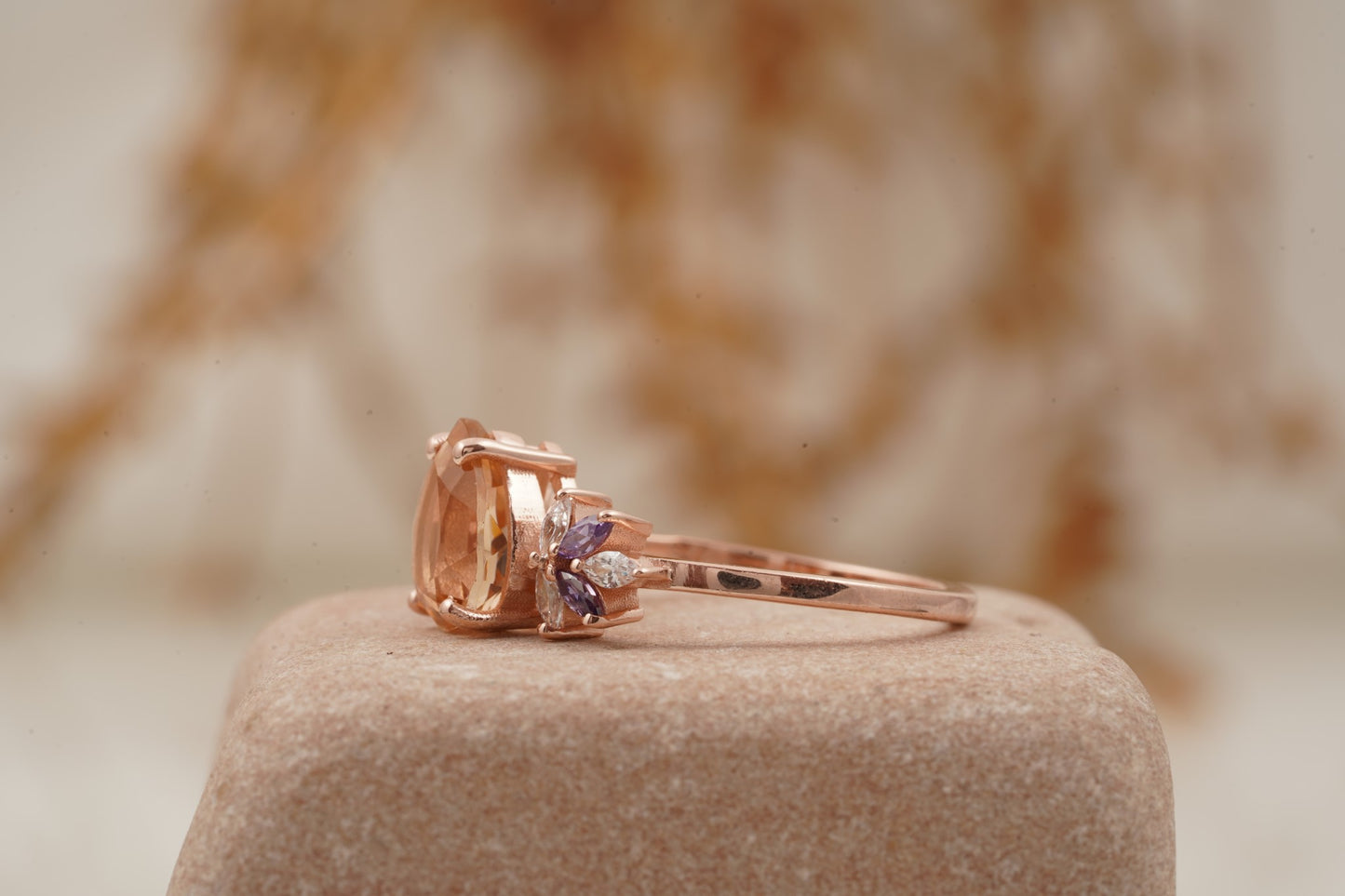 Pear Morganite Cluster Moissanite Alexandrite Ring Side Position