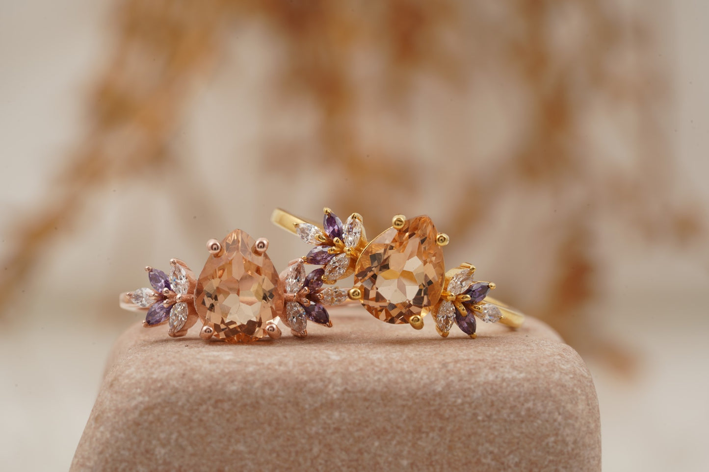 Pear Morganite Cluster Moissanite Alexandrite Ring Two Pair Pose