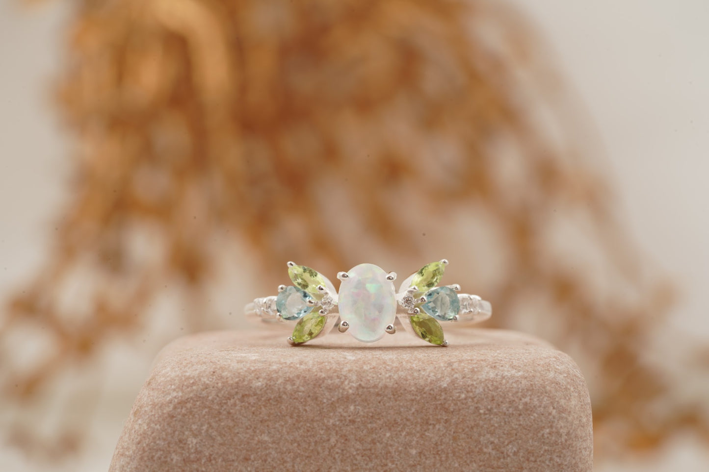 Oval Cut Fire Opal Cluster October Birthstone Engagement Ring