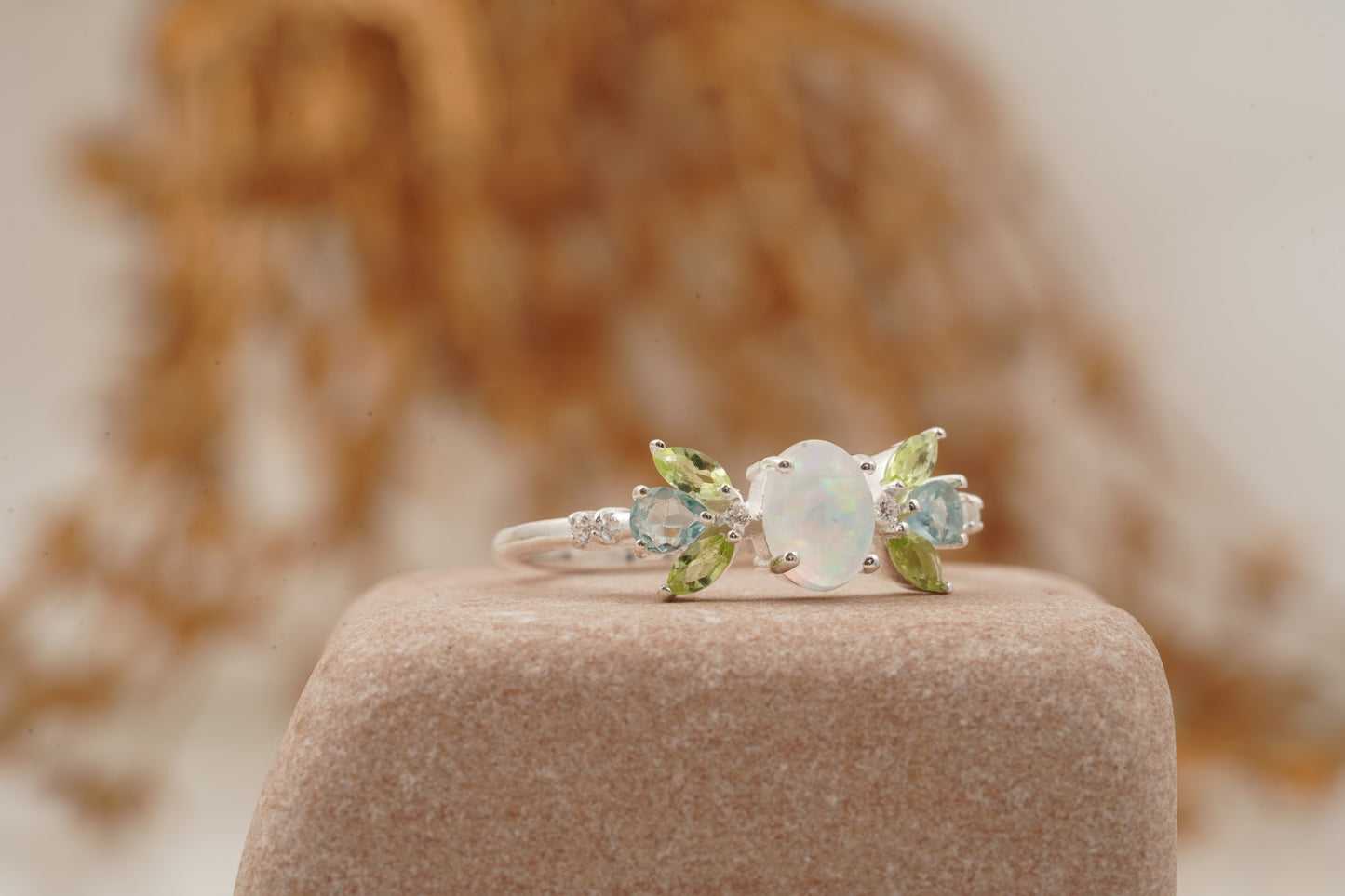 Oval Cut Fire Opal Cluster October Birthstone Engagement Ring