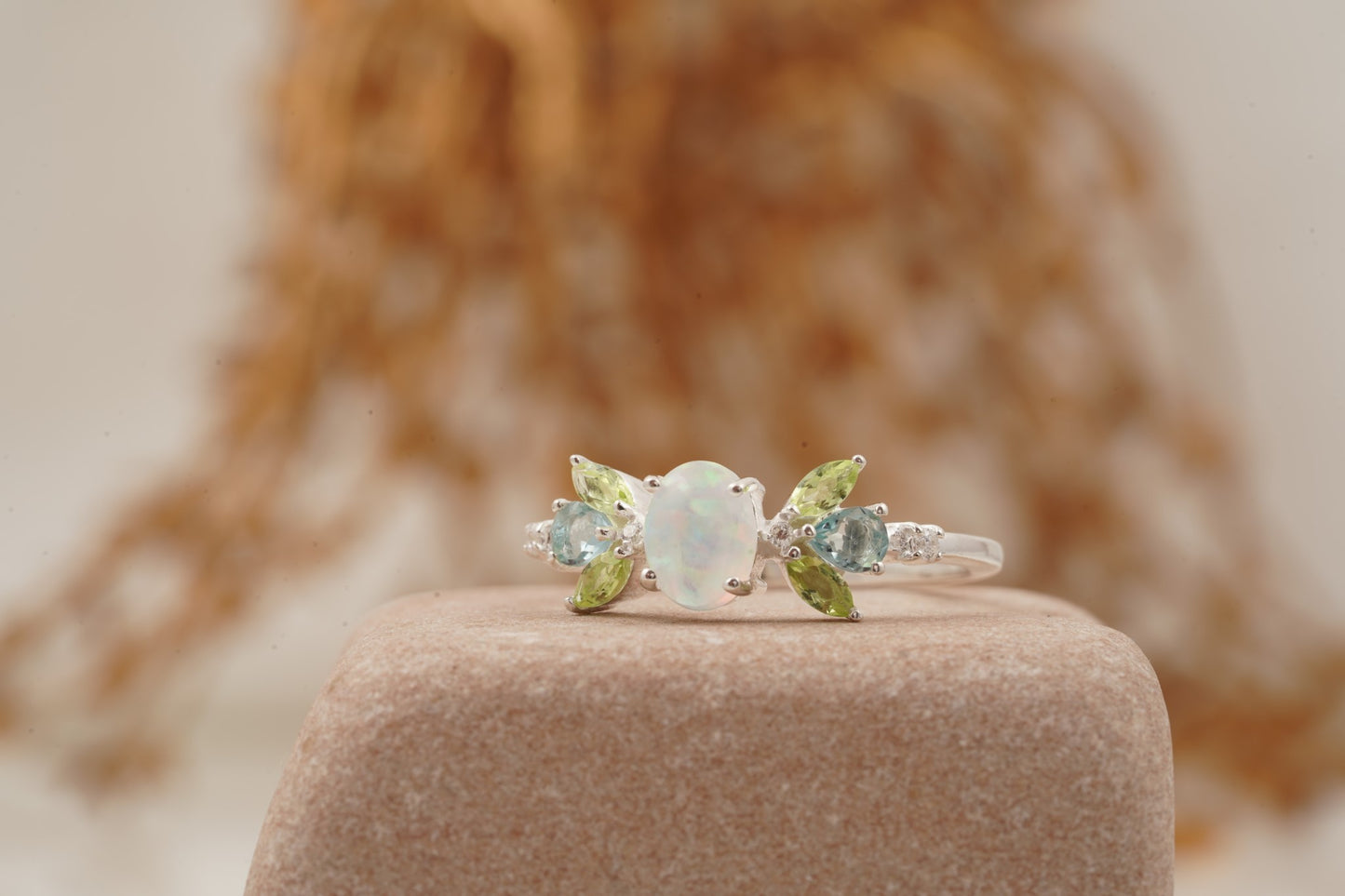 Oval Cut Fire Opal Cluster October Birthstone Engagement Ring