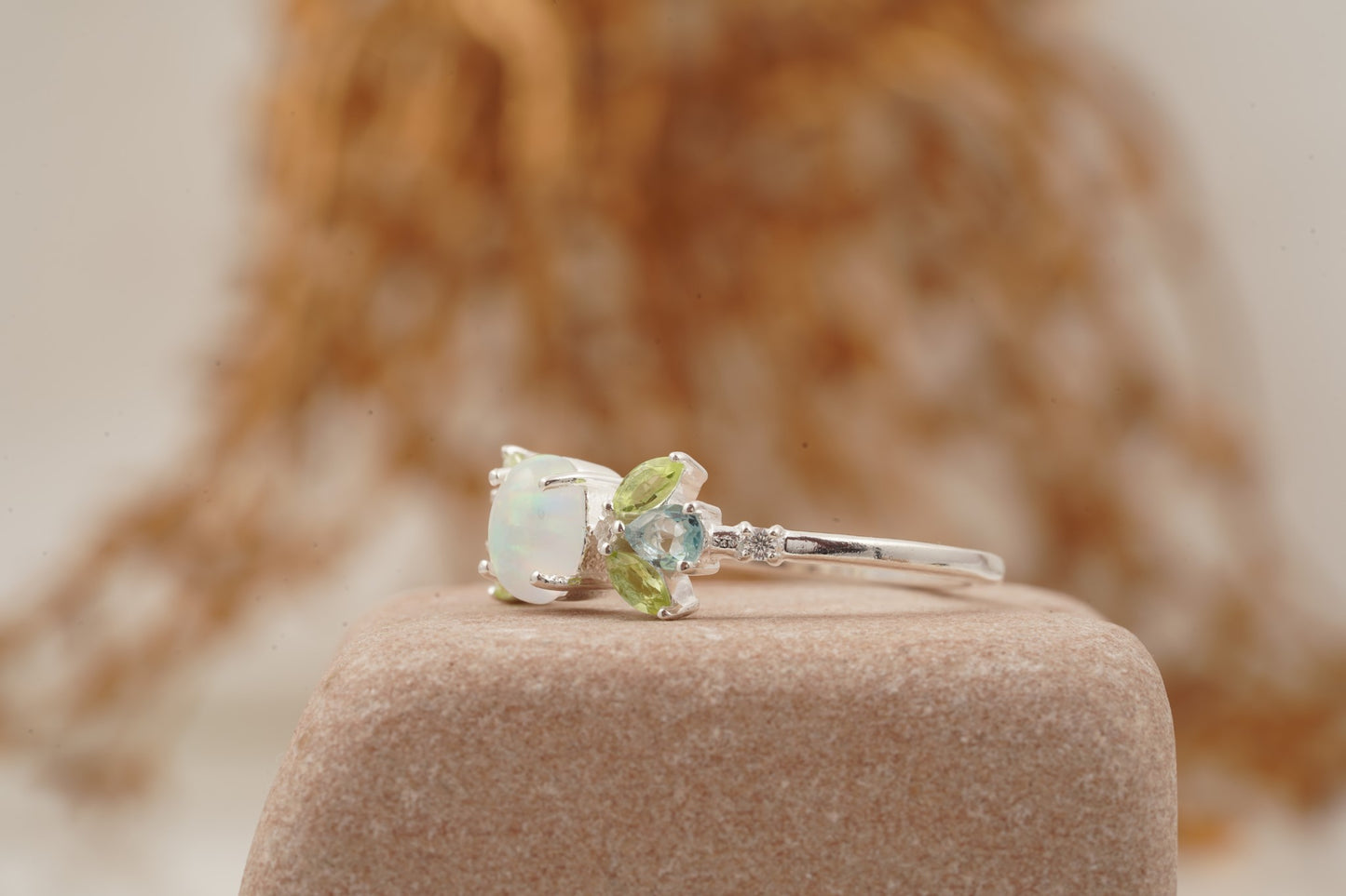 Oval Cut Fire Opal Cluster October Birthstone Engagement Ring