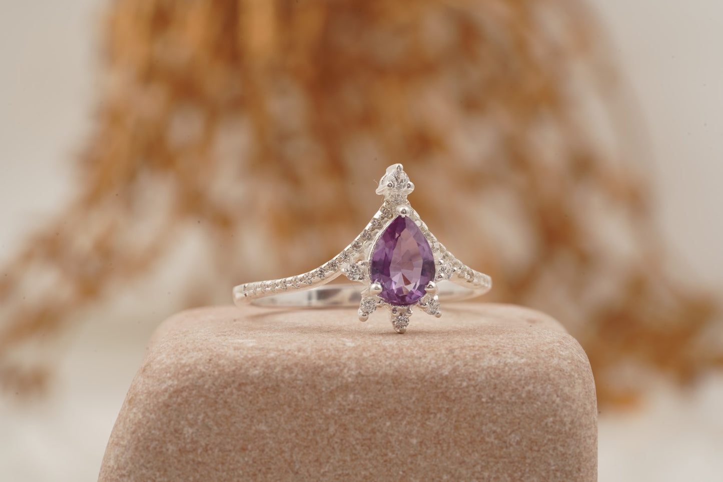 Pear Cut Alexandrite Wedding Band Stacking Diamond Curved Ring