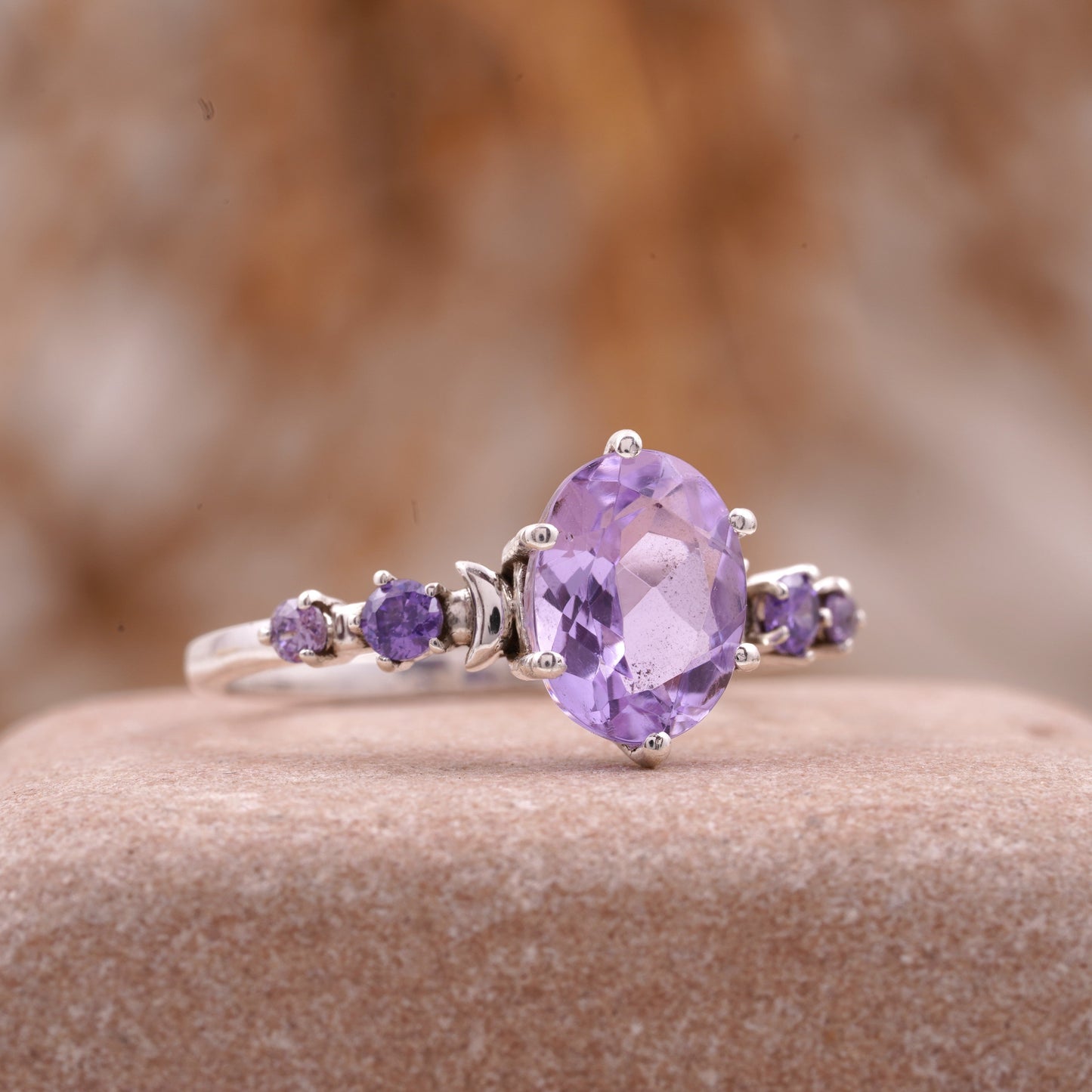 Lavender Amethyst Celestial Moon Design Engagement Ring Women