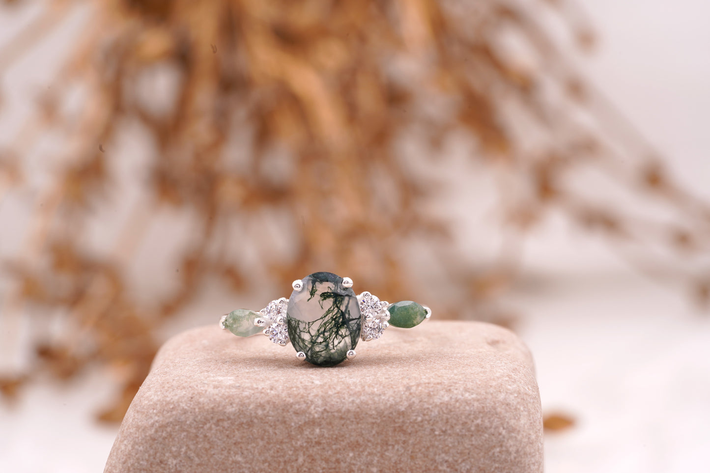 Moss Agate Oval Cut Silver Engagement Ring