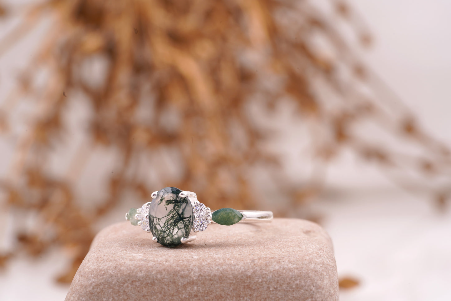 Moss Agate Oval Cut Silver Engagement Ring Left Angle