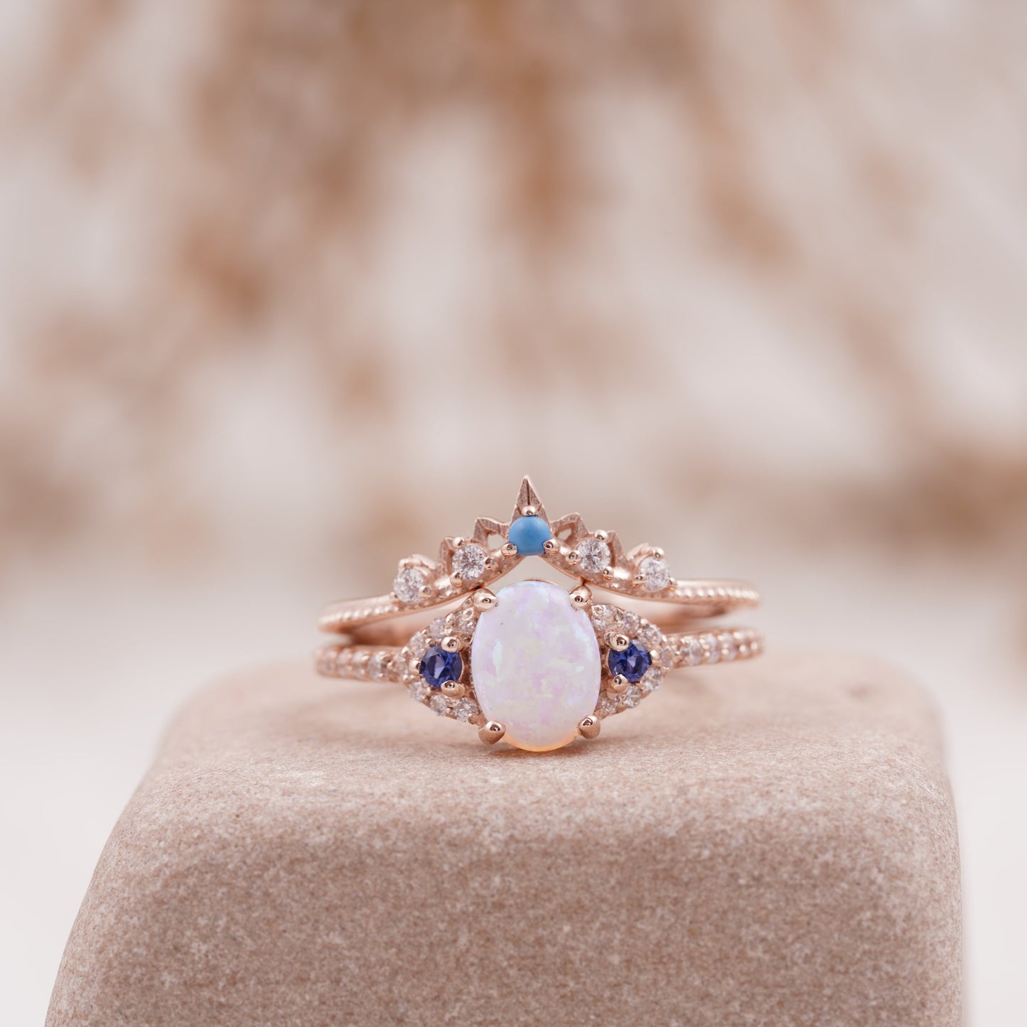 Fire Opal Engagement Ring Set with Curved Band