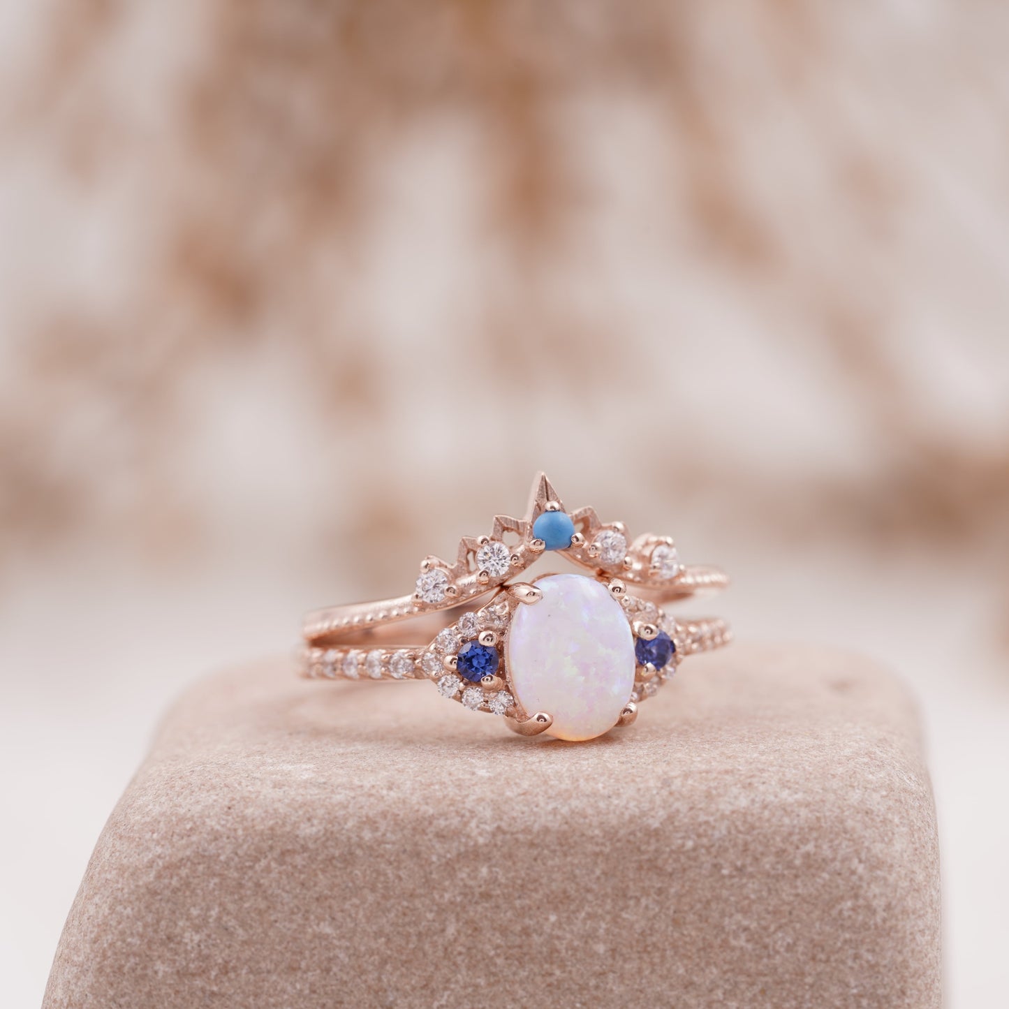 Fire Opal Engagement Ring Set with Curved Band Right Angle