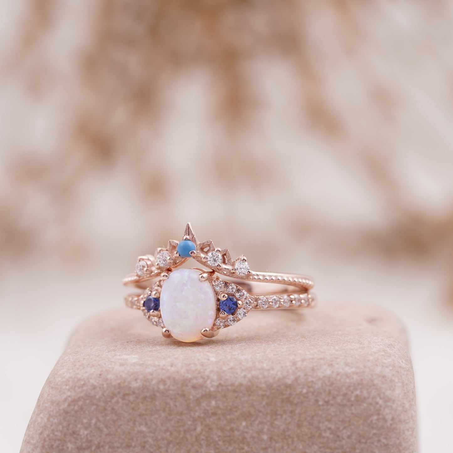 Fire Opal Engagement Ring Set with Curved Band Left Angle